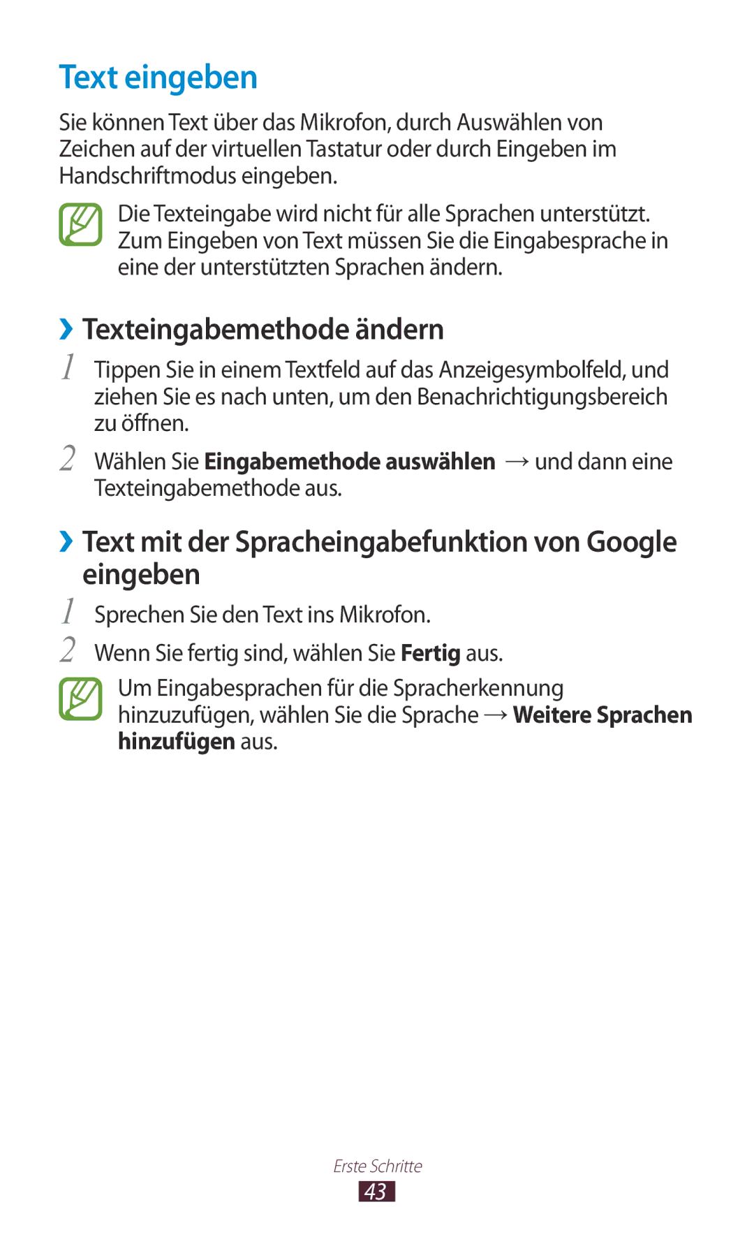 Samsung GT-S7562ZKAOPT, GT-S7562UWADBT, GT-S7562ZKATUR, GT-S7562ZKADBT Text eingeben, ››Texteingabemethode ändern, Eingeben 