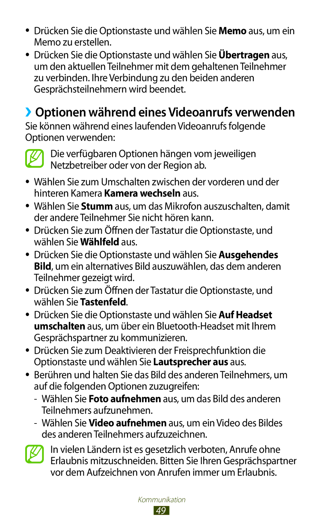 Samsung GT-S7562UWAEUR, GT-S7562ZKAOPT, GT-S7562UWADBT, GT-S7562ZKATUR manual ››Optionen während eines Videoanrufs verwenden 