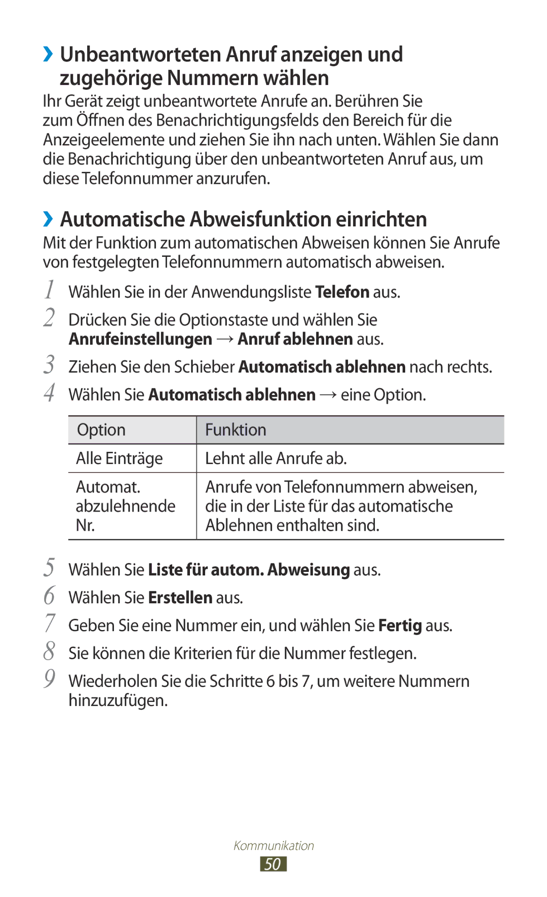 Samsung GT-S7562ZKATPH manual ››Automatische Abweisfunktion einrichten, Wählen Sie in der Anwendungsliste Telefon aus 