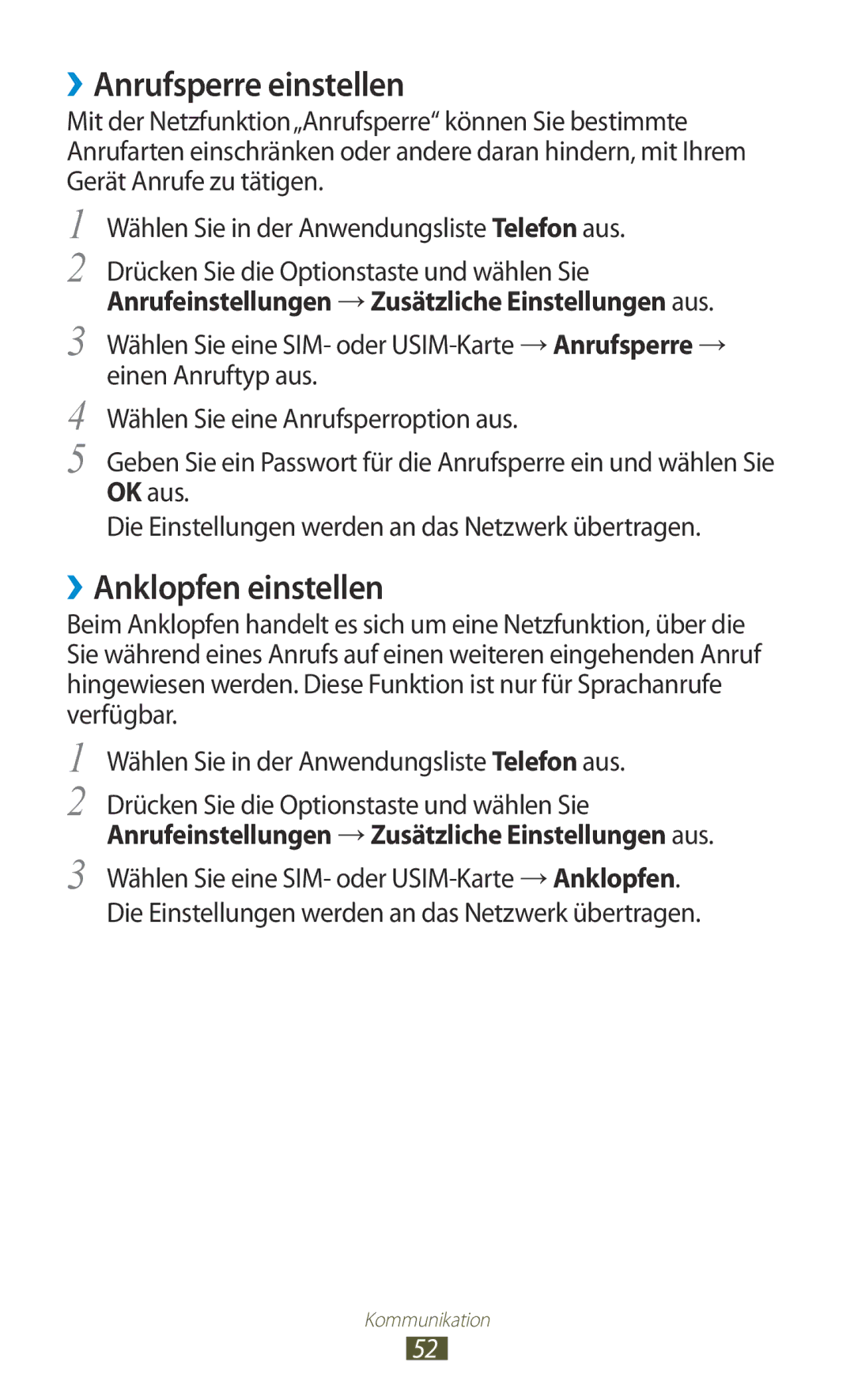 Samsung GT-S7562ZKAXEO, GT-S7562ZKAOPT, GT-S7562UWADBT, GT-S7562ZKATUR manual ››Anrufsperre einstellen, ››Anklopfen einstellen 