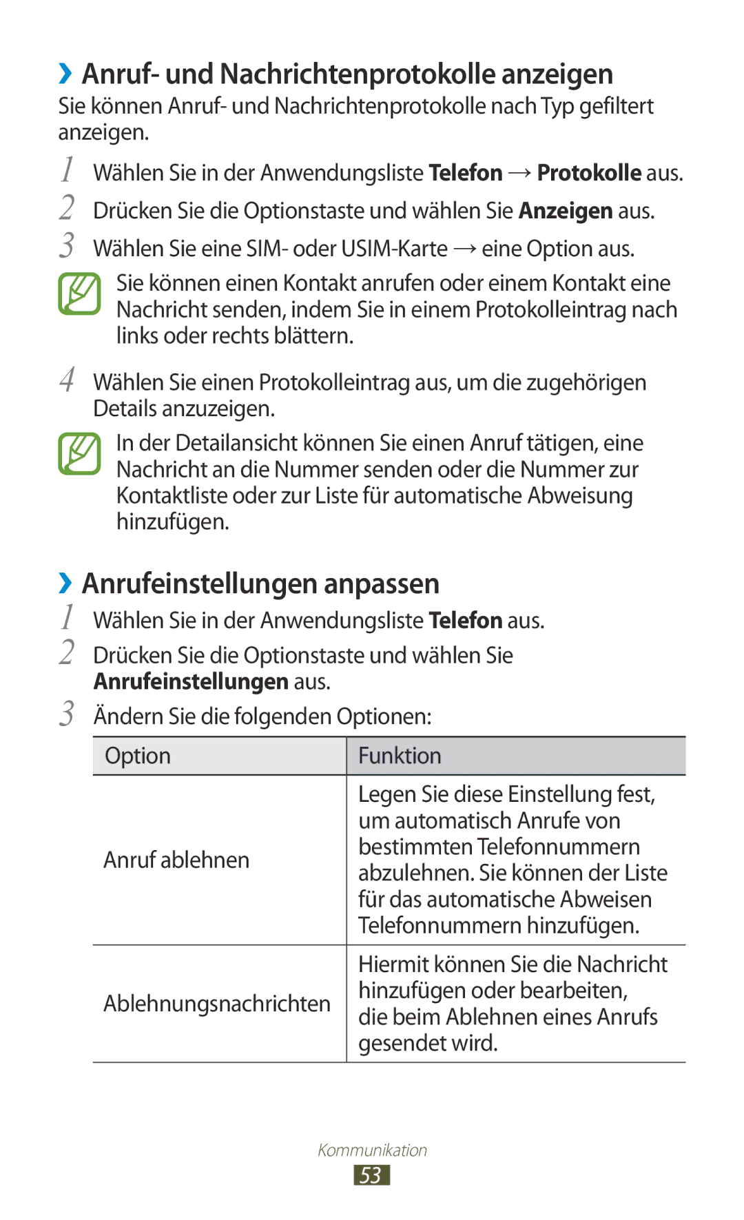 Samsung GT-S7562ZKAEUR, GT-S7562ZKAOPT manual ››Anruf- und Nachrichtenprotokolle anzeigen, ››Anrufeinstellungen anpassen 