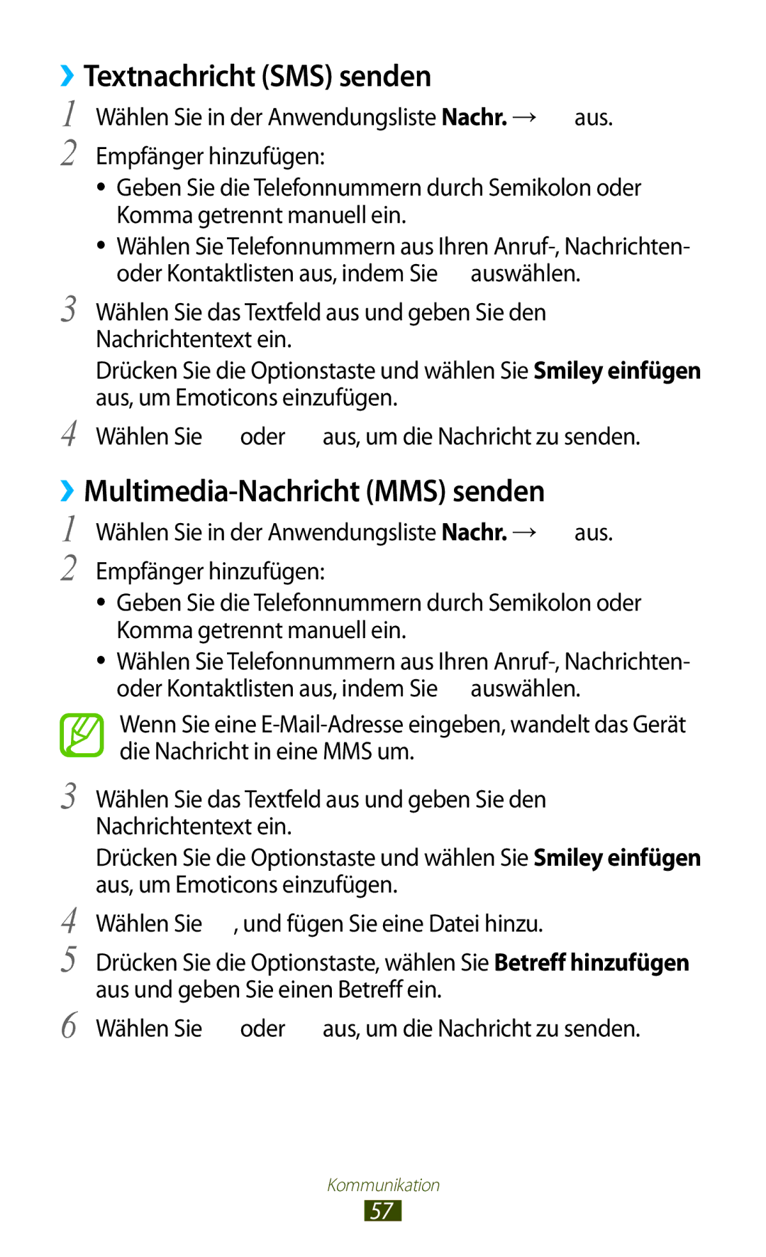Samsung GT-S7562ZKADBT, GT-S7562ZKAOPT, GT-S7562UWADBT manual ››Textnachricht SMS senden, ››Multimedia-Nachricht MMS senden 