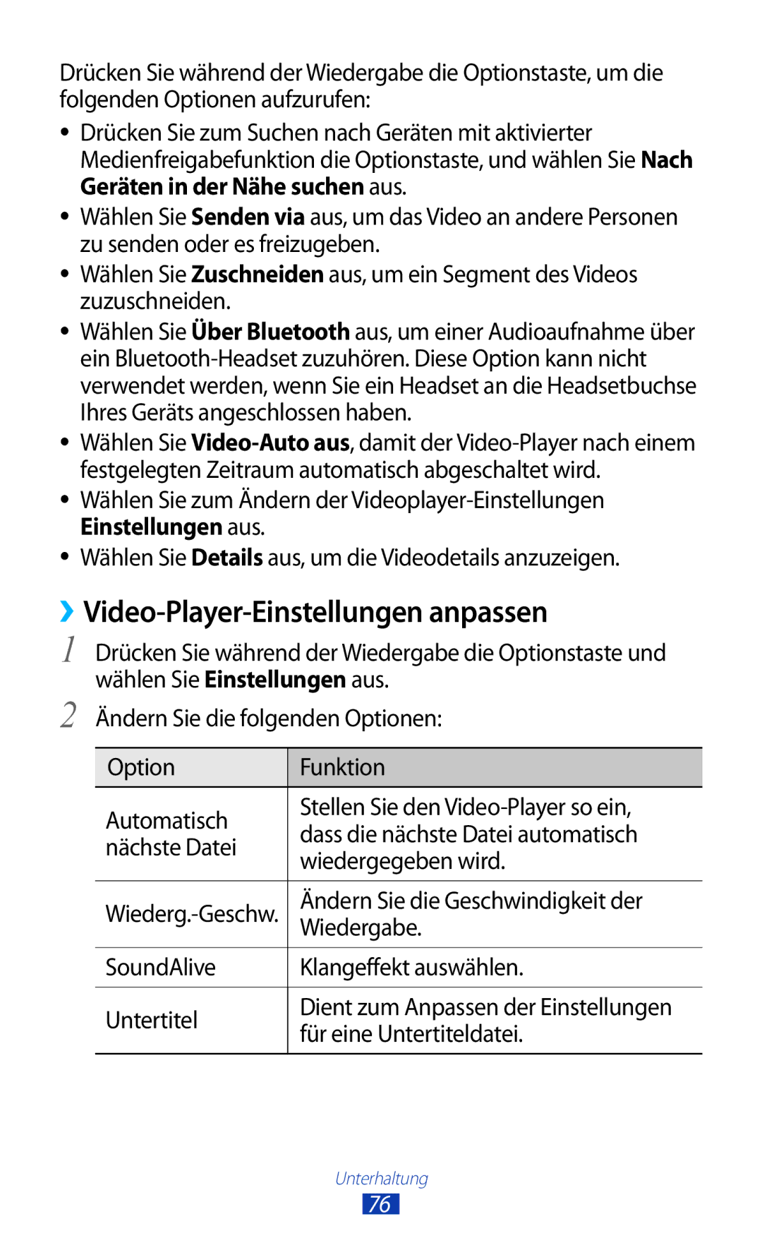 Samsung GT-S7562ZKAOPT manual ››Video-Player-Einstellungen anpassen, Ändern Sie die Geschwindigkeit der, Wiedergabe 