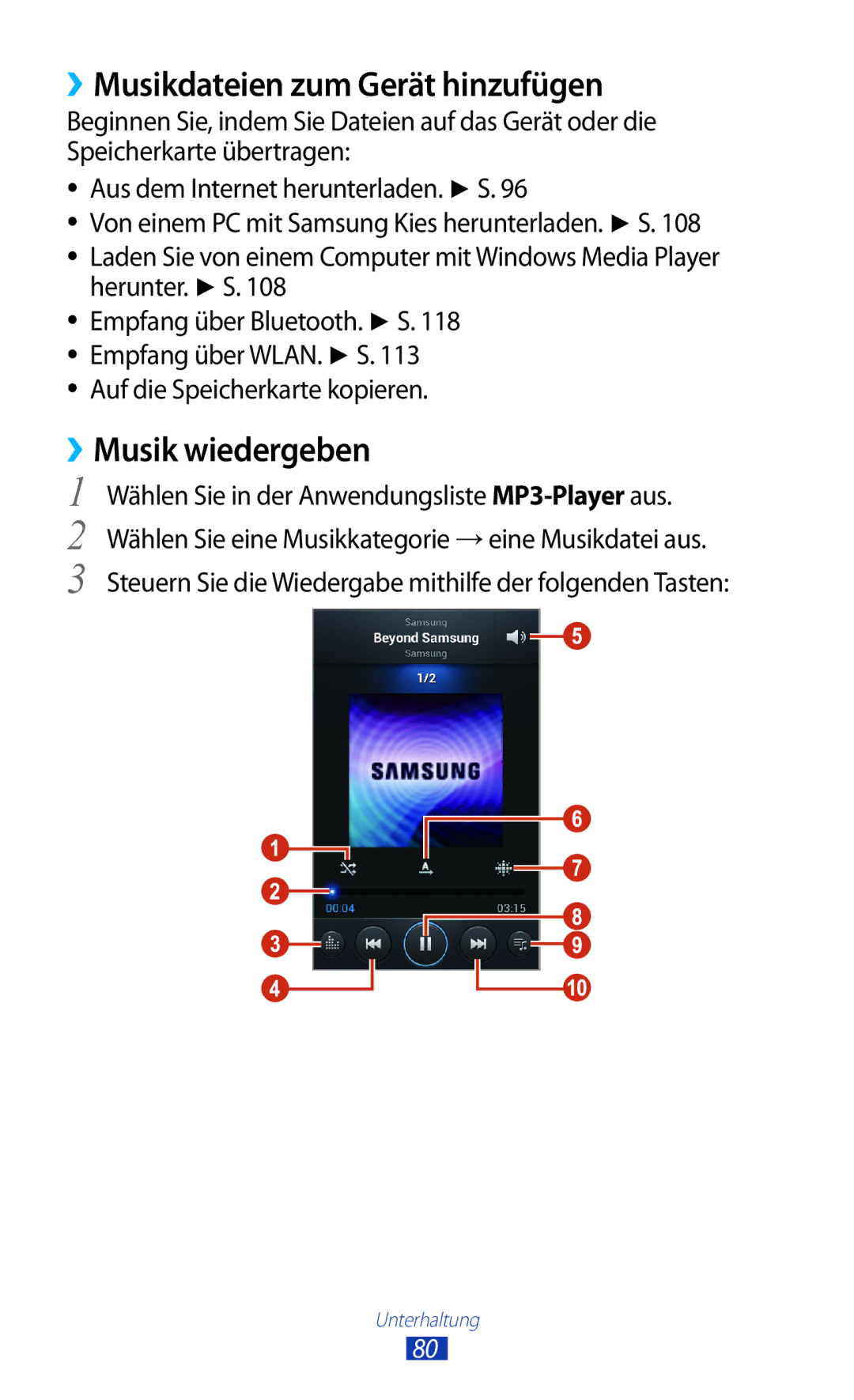 Samsung GT-S7562WSADBT, GT-S7562ZKAOPT manual ››Musikdateien zum Gerät hinzufügen, ››Musik wiedergeben, Herunter. S 