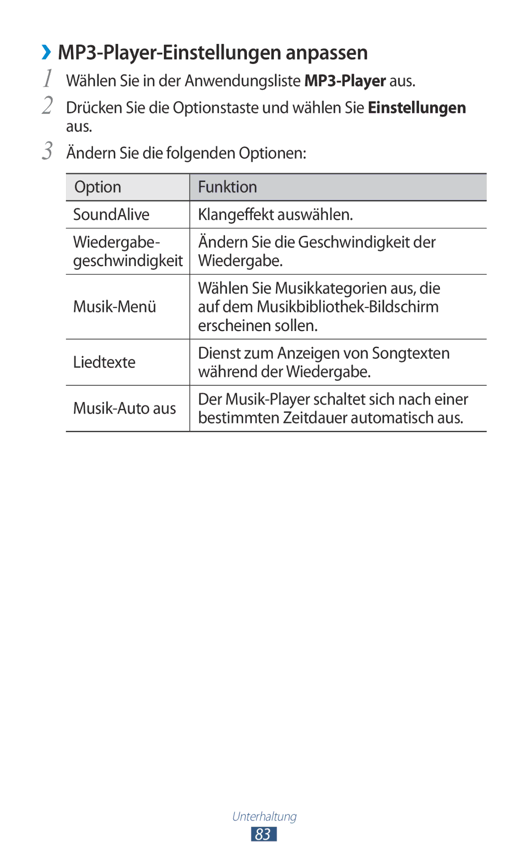 Samsung GT-S7562ZKATPH, GT-S7562ZKAOPT manual ››MP3-Player-Einstellungen anpassen, Wählen Sie Musikkategorien aus, die 