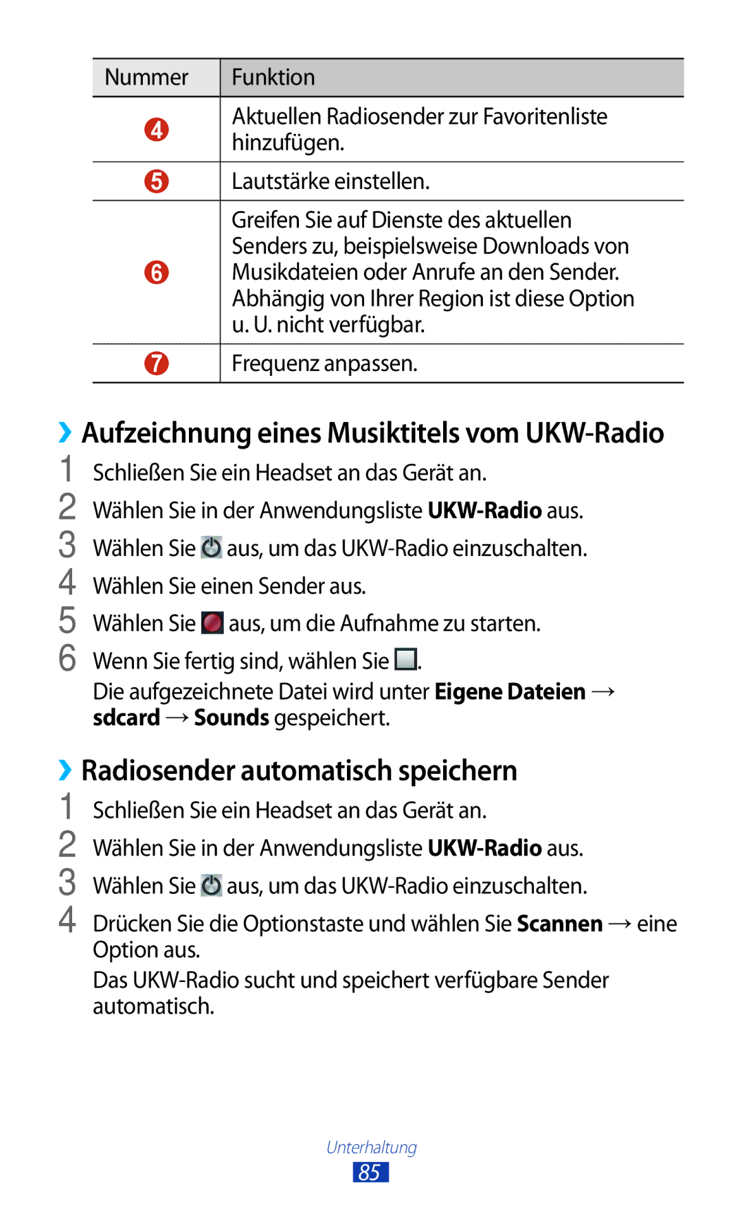 Samsung GT-S7562ZKAXEO, GT-S7562ZKAOPT manual ››Radiosender automatisch speichern, Schließen Sie ein Headset an das Gerät an 