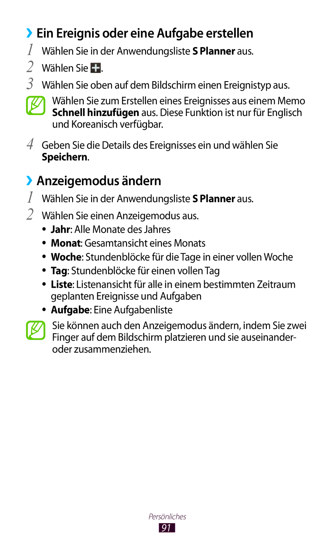 Samsung GT-S7562WSADBT, GT-S7562ZKAOPT manual ››Ein Ereignis oder eine Aufgabe erstellen, ››Anzeigemodus ändern, Speichern 