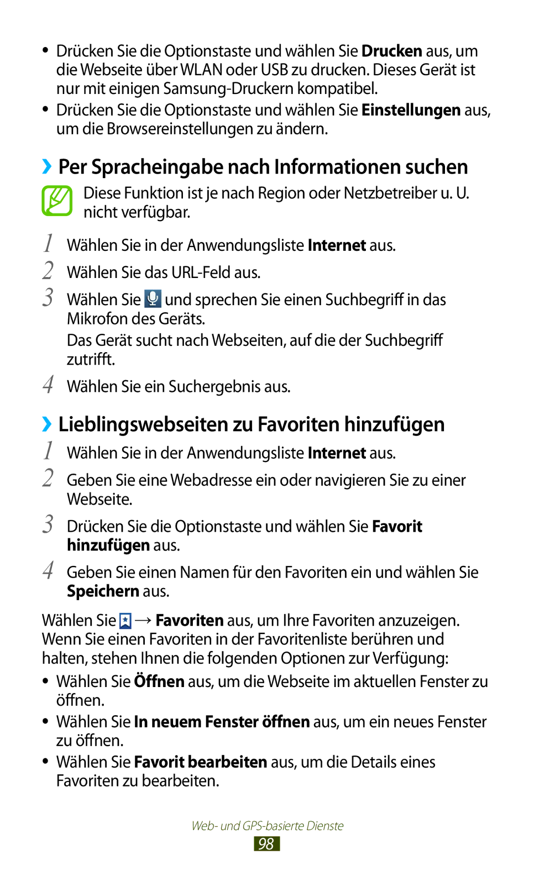 Samsung GT-S7562ZKAOPT, GT-S7562UWADBT, GT-S7562ZKATUR manual ››Lieblingswebseiten zu Favoriten hinzufügen, Speichern aus 