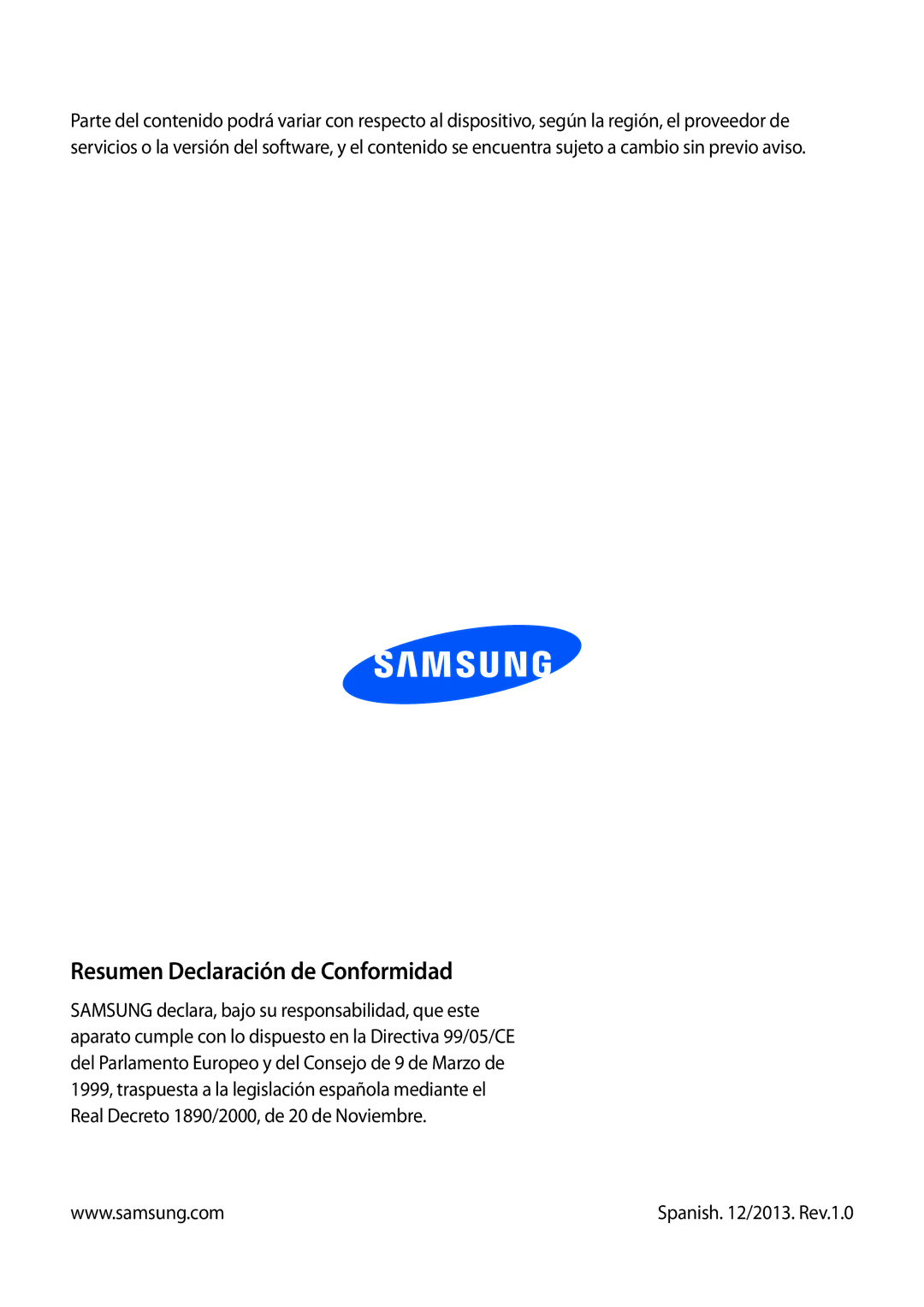 Samsung GT-S7580ZKAXEO, GT-S7580UWAEUR, GT-S7580ZKADBT, GT-S7580UWADBT, GT-S7580UWAXEO Resumen Declaración de Conformidad 