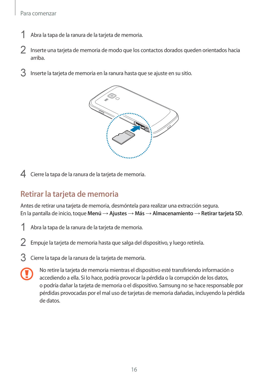 Samsung GT-S7580ZKAYOG, GT-S7580UWAEUR, GT-S7580ZKADBT, GT-S7580UWADBT, GT-S7580UWAXEO manual Retirar la tarjeta de memoria 