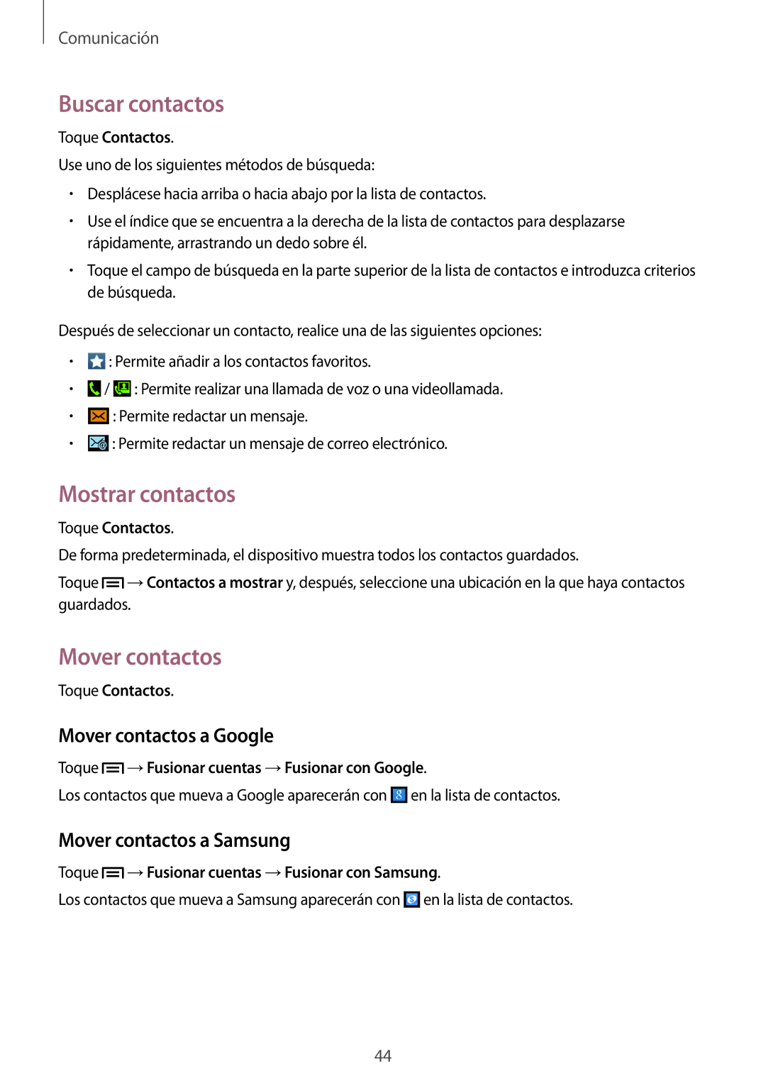 Samsung GT-S7580UWADBT manual Buscar contactos, Mostrar contactos, Mover contactos a Google, Mover contactos a Samsung 