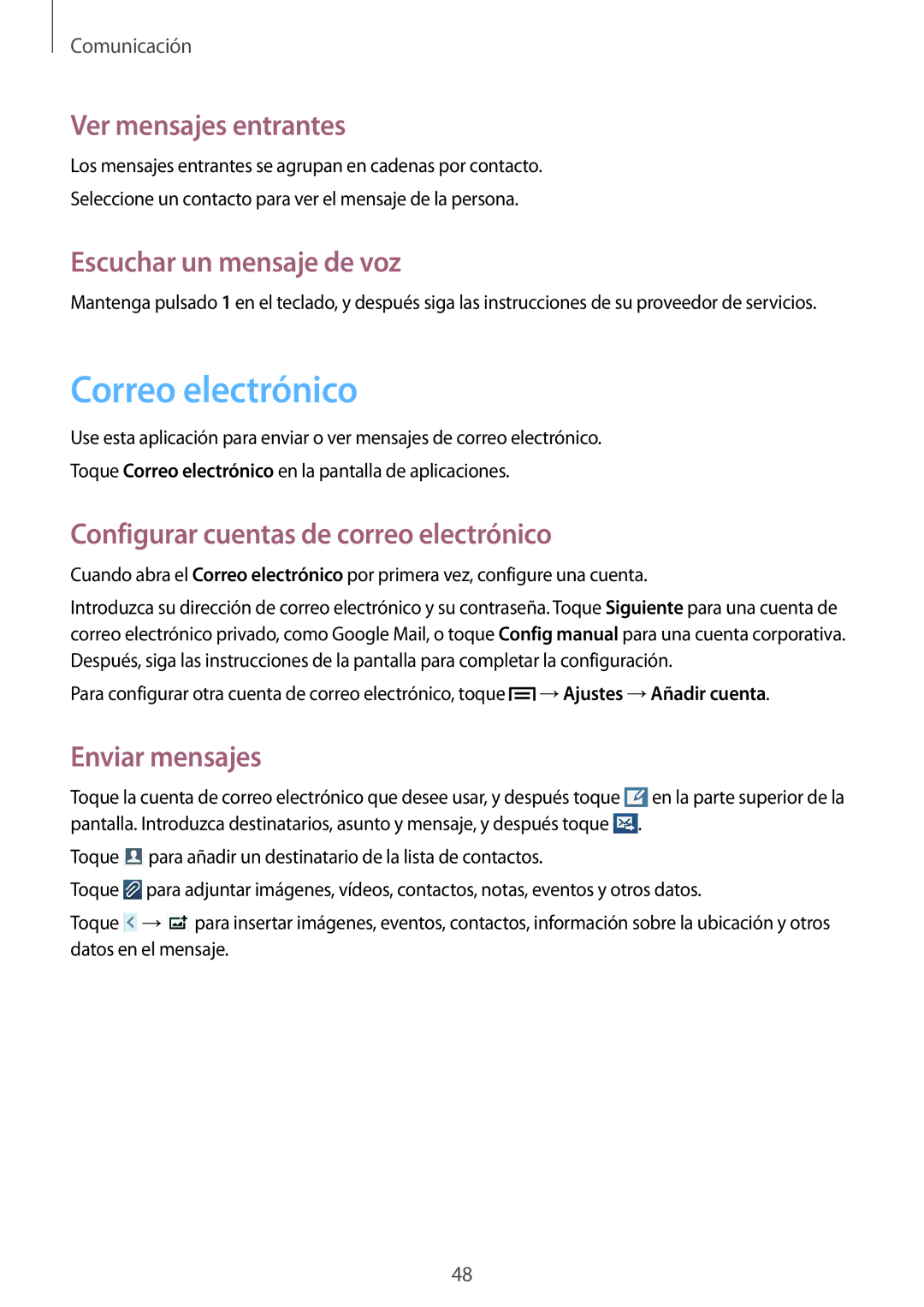 Samsung GT-S7580UWAROM manual Correo electrónico, Ver mensajes entrantes, Configurar cuentas de correo electrónico 