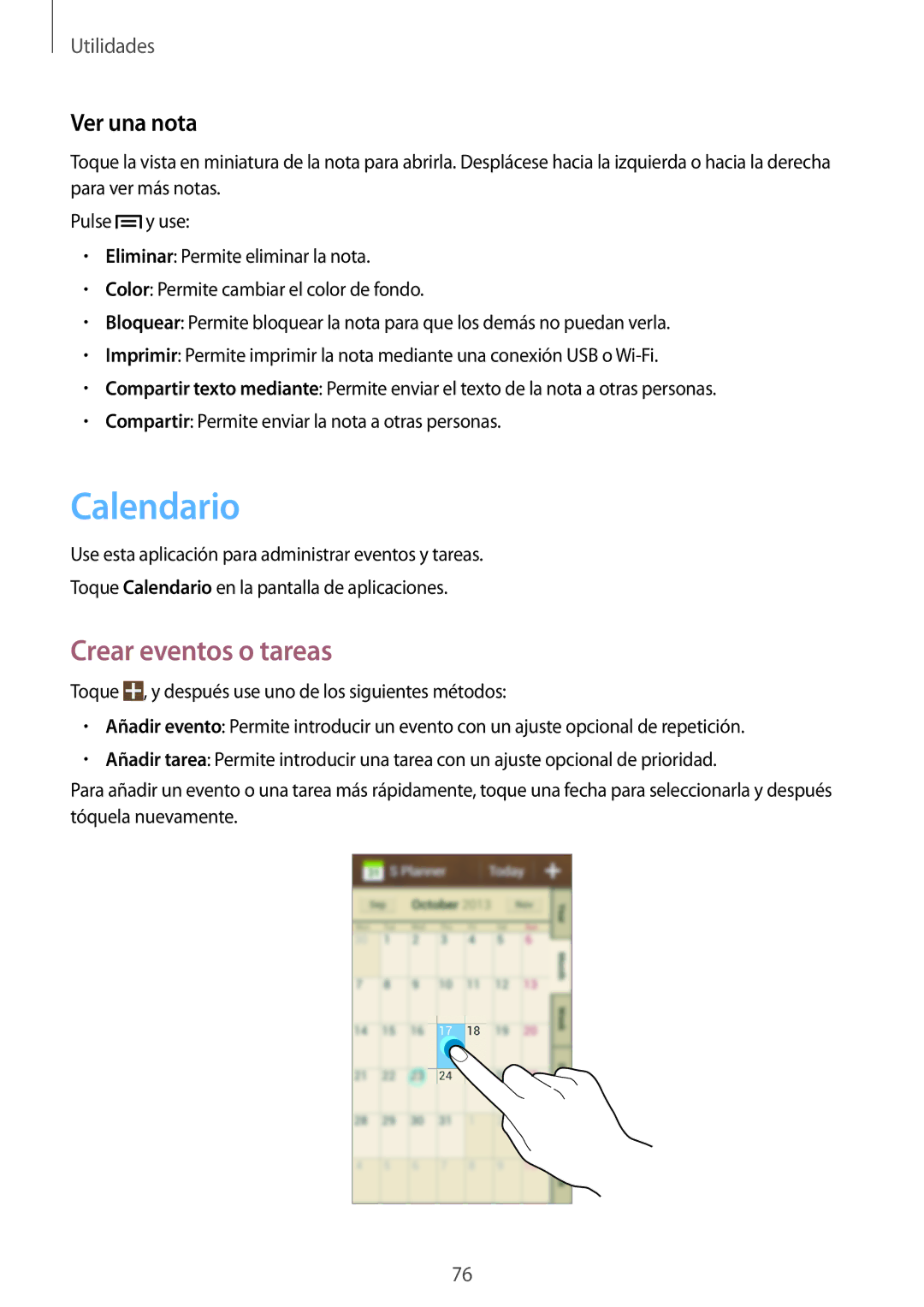 Samsung GT-S7580ZKAPHE, GT-S7580UWAEUR, GT-S7580ZKADBT, GT-S7580UWADBT manual Calendario, Crear eventos o tareas, Ver una nota 