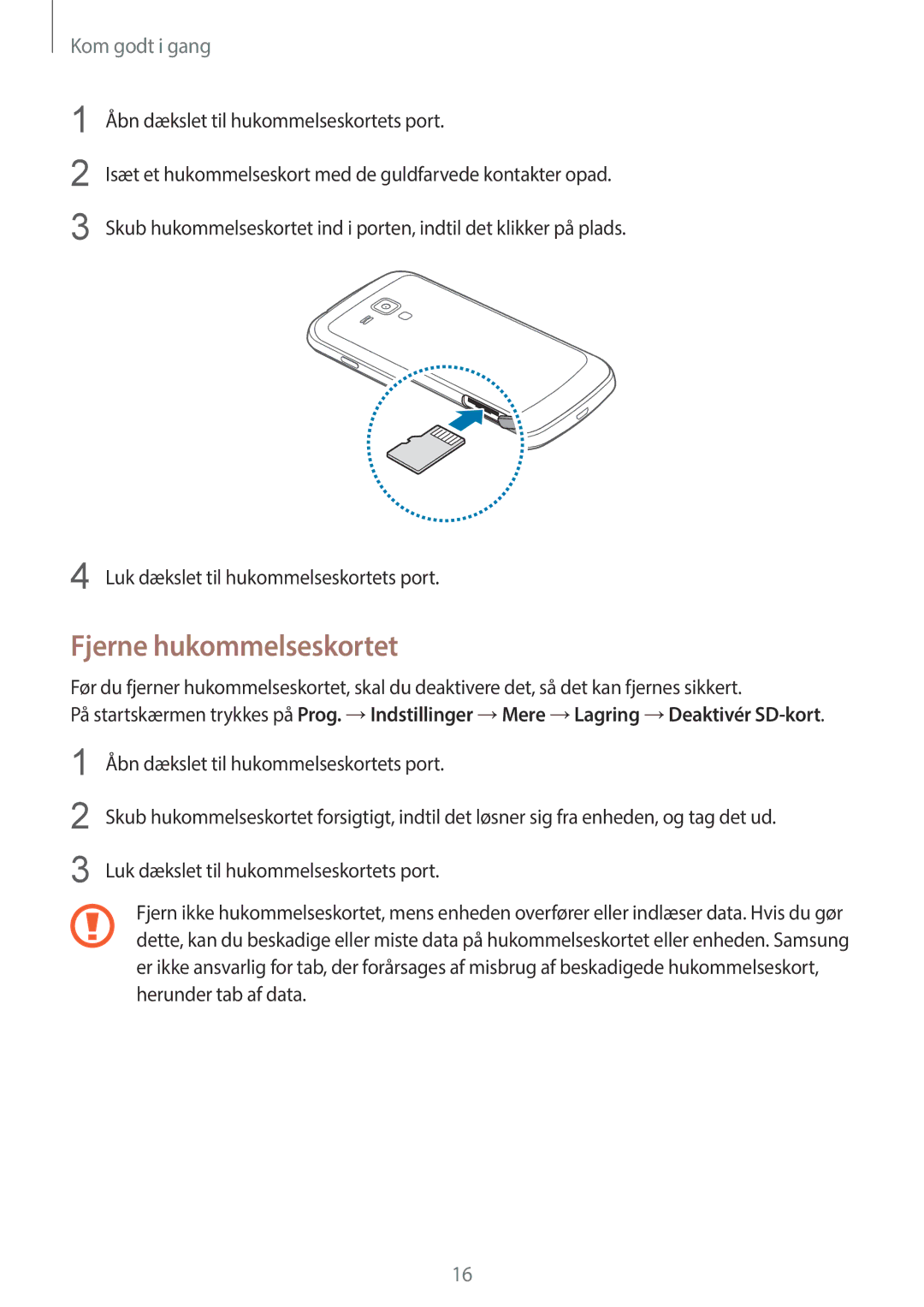 Samsung GT-S7580ZKANEE, GT-S7580ZKAHTS, GT-S7580UWAHTS, GT-S7580UWANEE manual Fjerne hukommelseskortet 