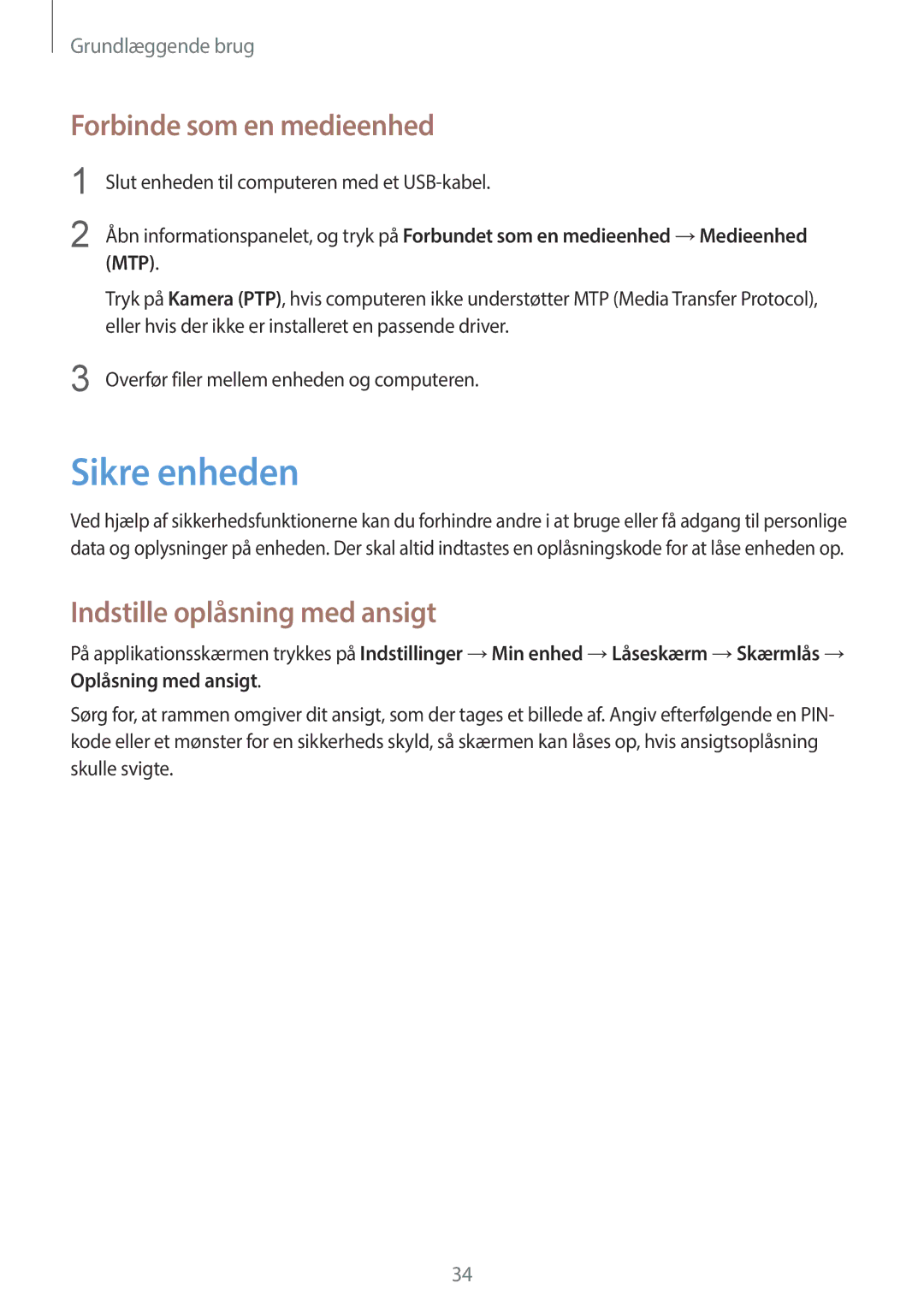 Samsung GT-S7580UWAHTS, GT-S7580ZKANEE manual Sikre enheden, Forbinde som en medieenhed, Indstille oplåsning med ansigt 