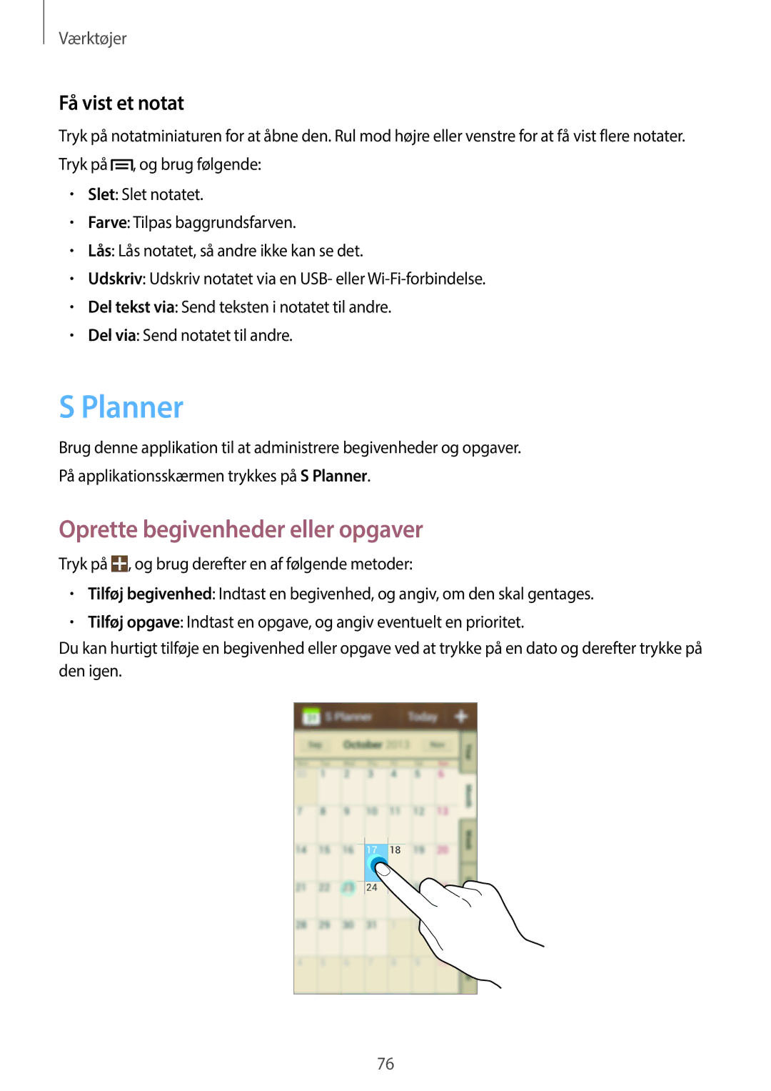 Samsung GT-S7580ZKANEE, GT-S7580ZKAHTS, GT-S7580UWAHTS manual Planner, Oprette begivenheder eller opgaver, Få vist et notat 