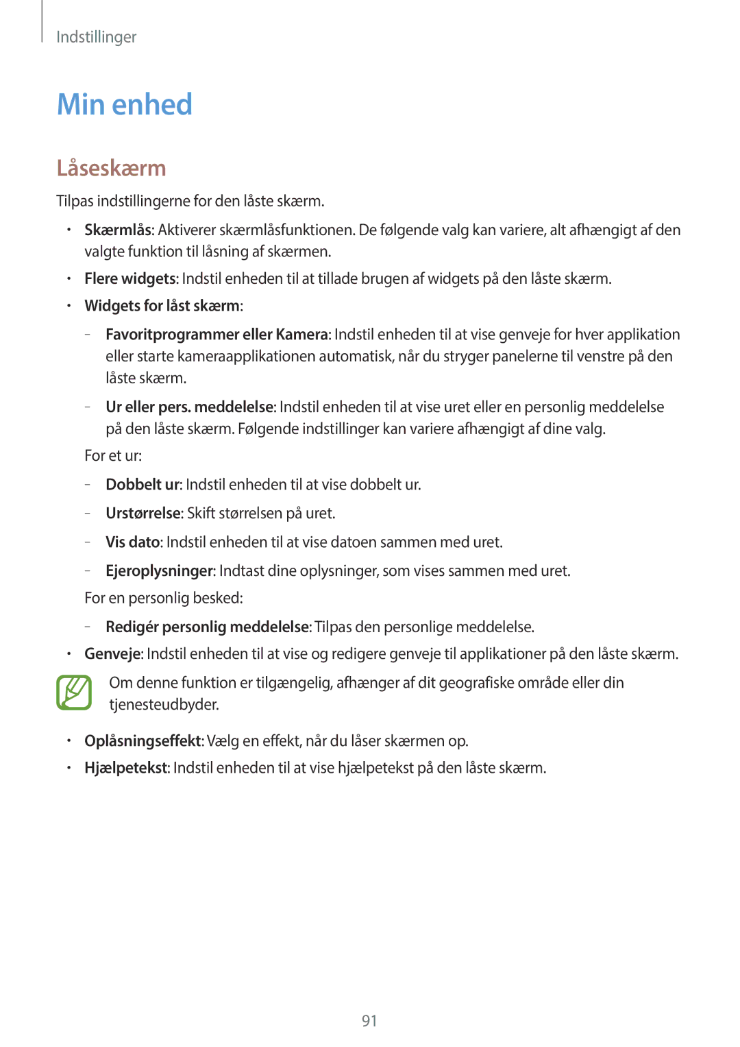 Samsung GT-S7580UWANEE, GT-S7580ZKANEE, GT-S7580ZKAHTS, GT-S7580UWAHTS manual Min enhed, Låseskærm, Widgets for låst skærm 