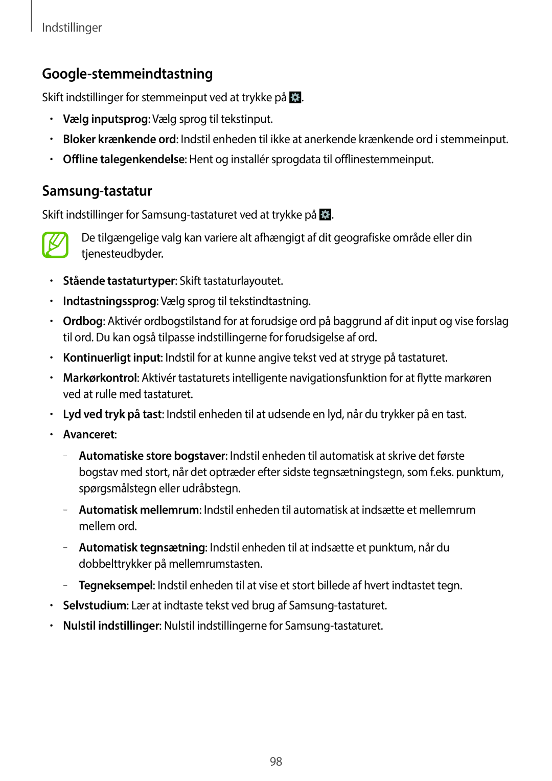 Samsung GT-S7580UWAHTS, GT-S7580ZKANEE, GT-S7580ZKAHTS, GT-S7580UWANEE Google-stemmeindtastning, Samsung-tastatur, Avanceret 