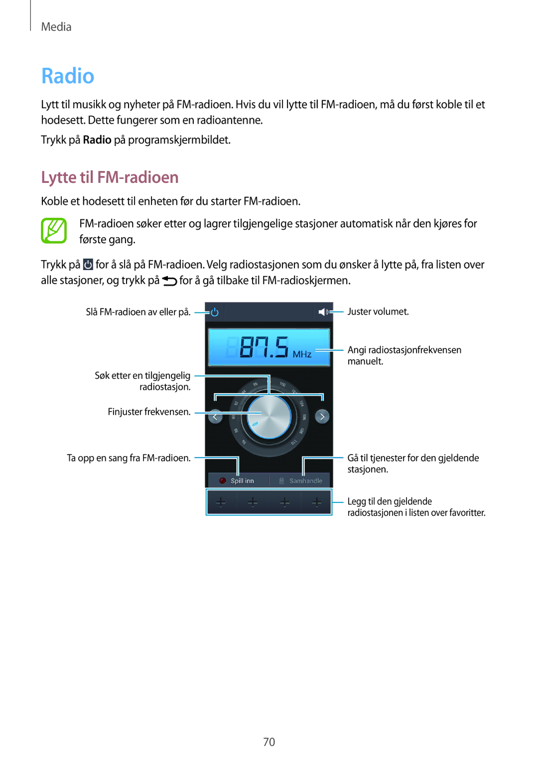 Samsung GT-S7580UWAHTS, GT-S7580ZKANEE, GT-S7580ZKAHTS, GT-S7580UWANEE manual Radio, Lytte til FM-radioen 