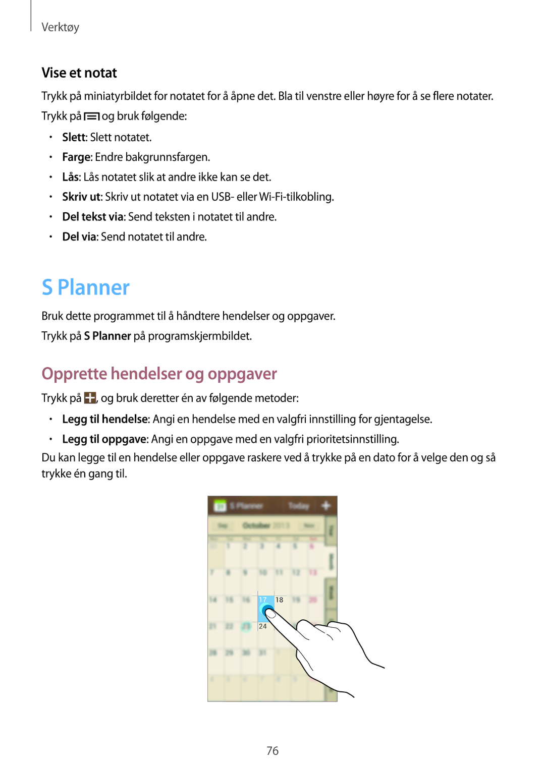 Samsung GT-S7580ZKANEE, GT-S7580ZKAHTS, GT-S7580UWAHTS manual Planner, Opprette hendelser og oppgaver, Vise et notat 