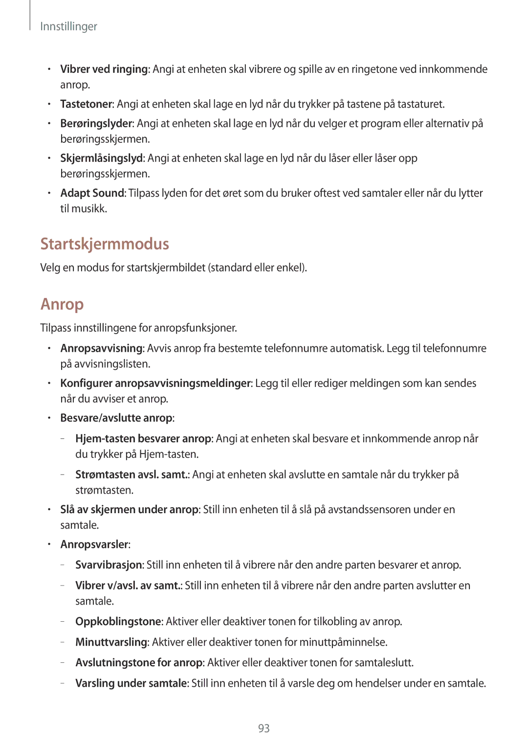 Samsung GT-S7580ZKAHTS manual Startskjermmodus, Velg en modus for startskjermbildet standard eller enkel, Anropsvarsler 