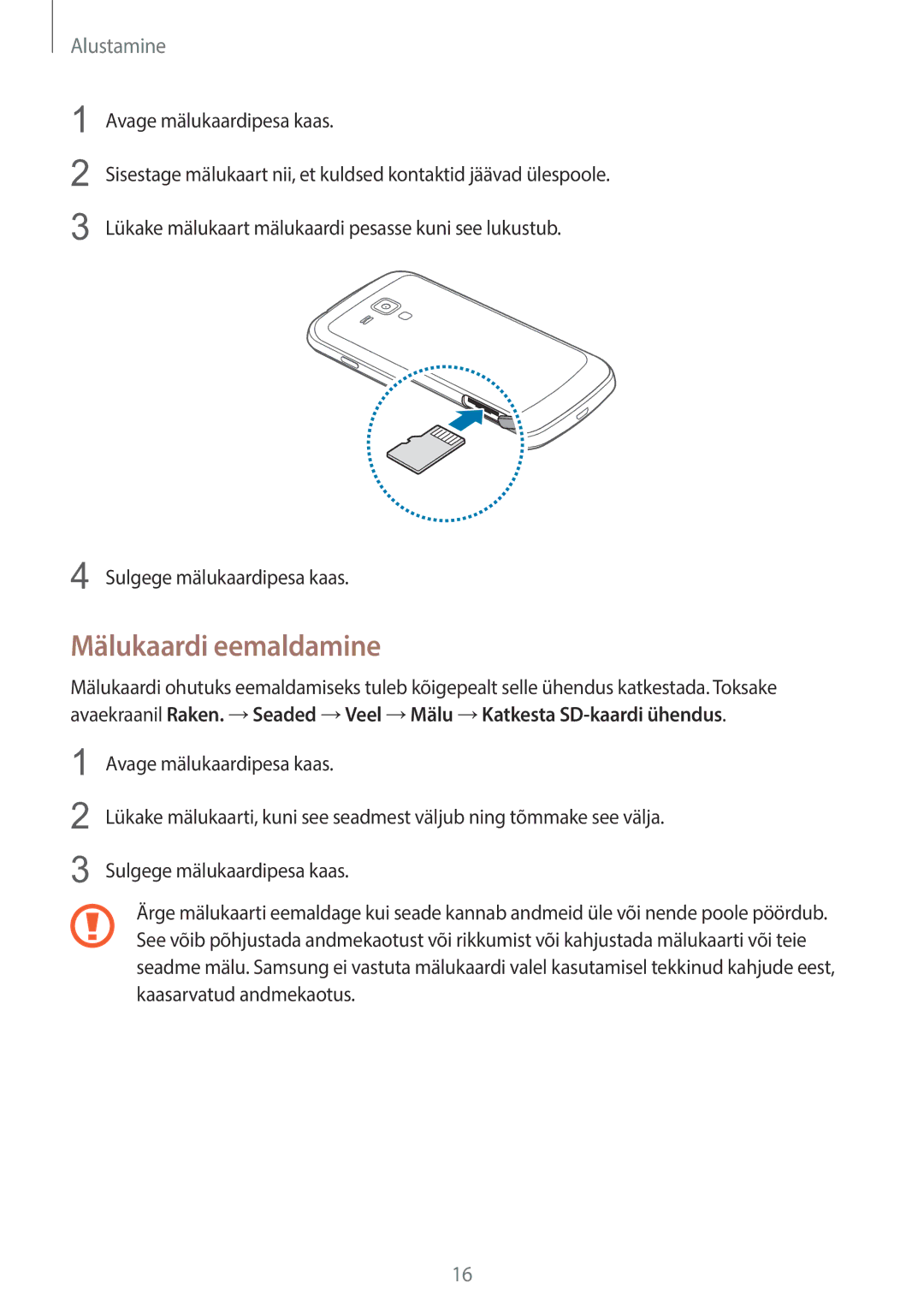 Samsung GT-S7580ZKASEB, GT-S7580UWASEB manual Mälukaardi eemaldamine 