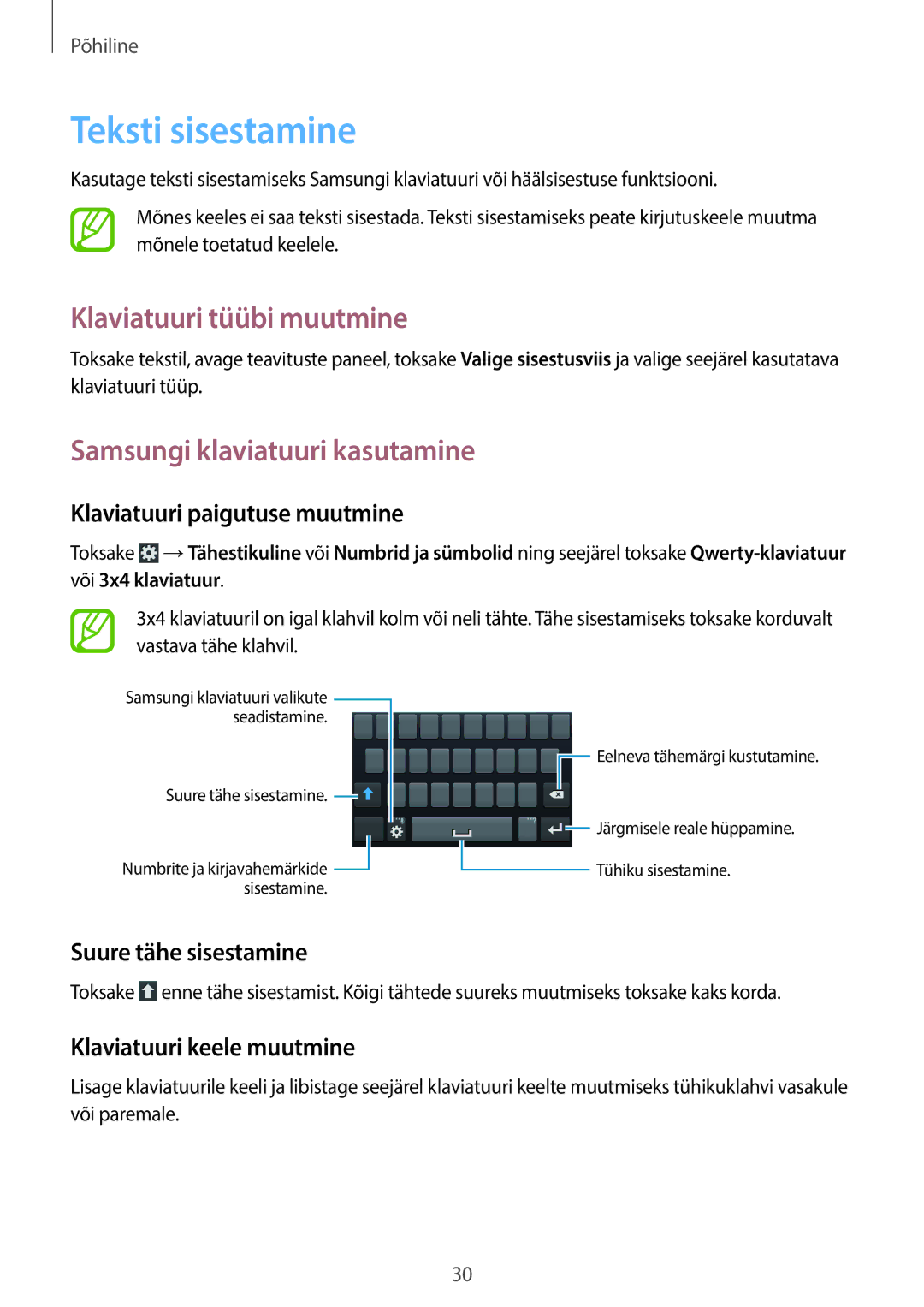 Samsung GT-S7580ZKASEB, GT-S7580UWASEB Teksti sisestamine, Klaviatuuri tüübi muutmine, Samsungi klaviatuuri kasutamine 