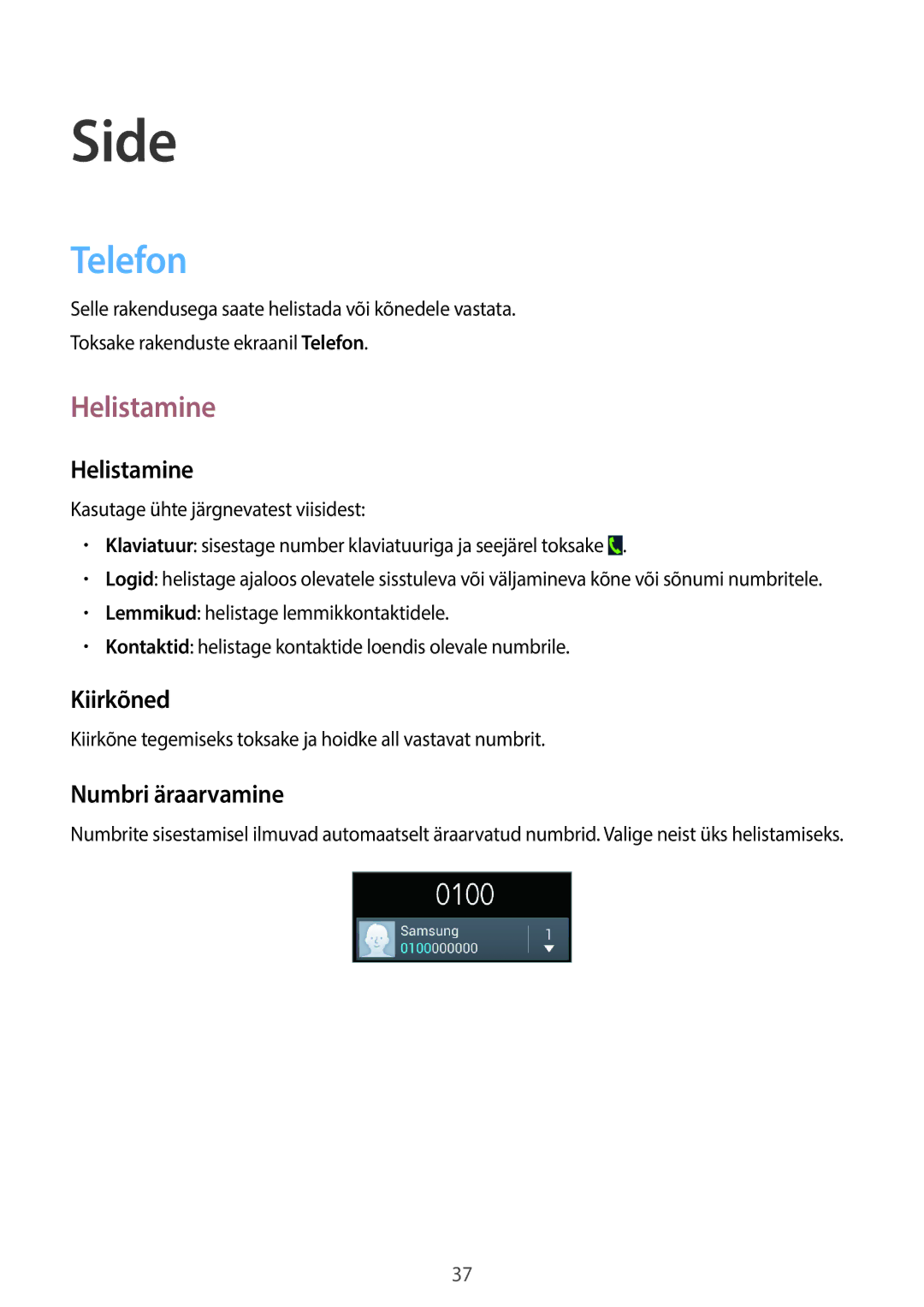 Samsung GT-S7580UWASEB, GT-S7580ZKASEB manual Side, Telefon, Helistamine 