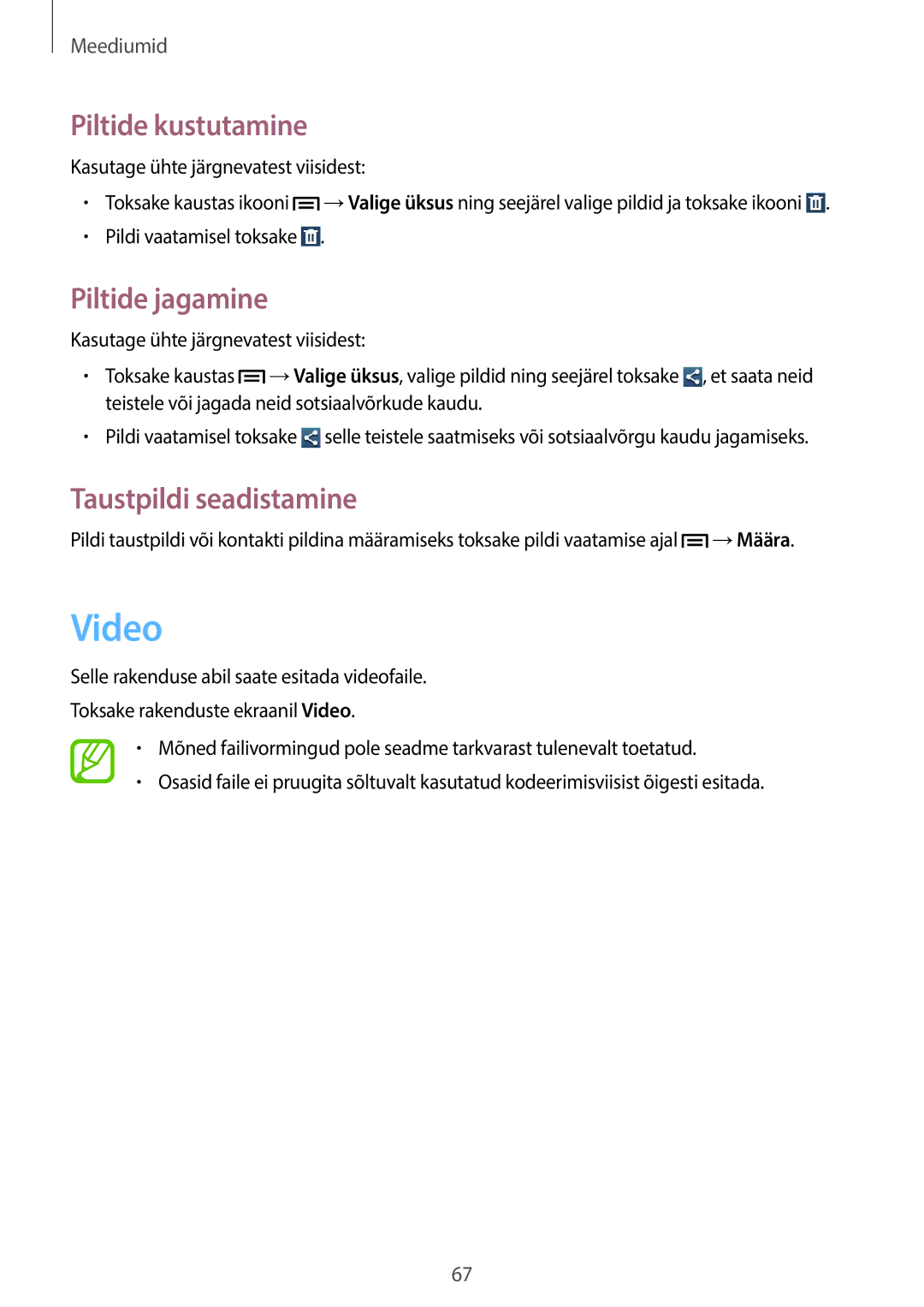 Samsung GT-S7580UWASEB, GT-S7580ZKASEB manual Video, Piltide kustutamine, Piltide jagamine 