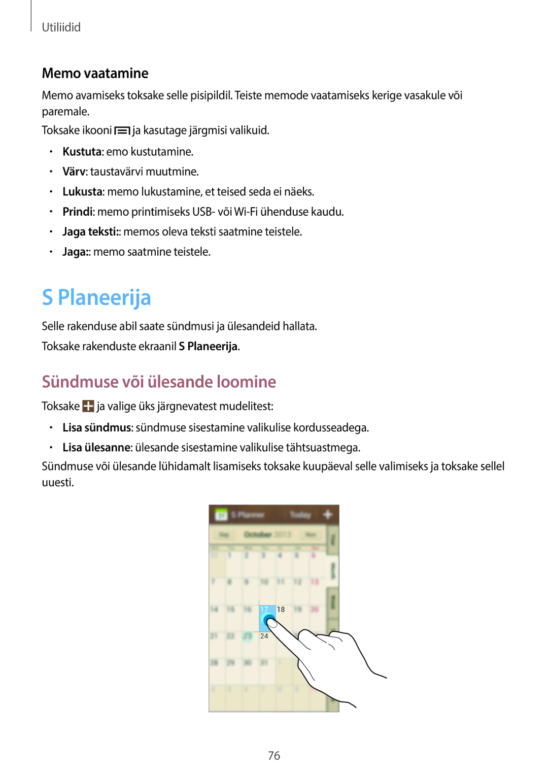 Samsung GT-S7580ZKASEB, GT-S7580UWASEB manual Planeerija, Sündmuse või ülesande loomine, Memo vaatamine 