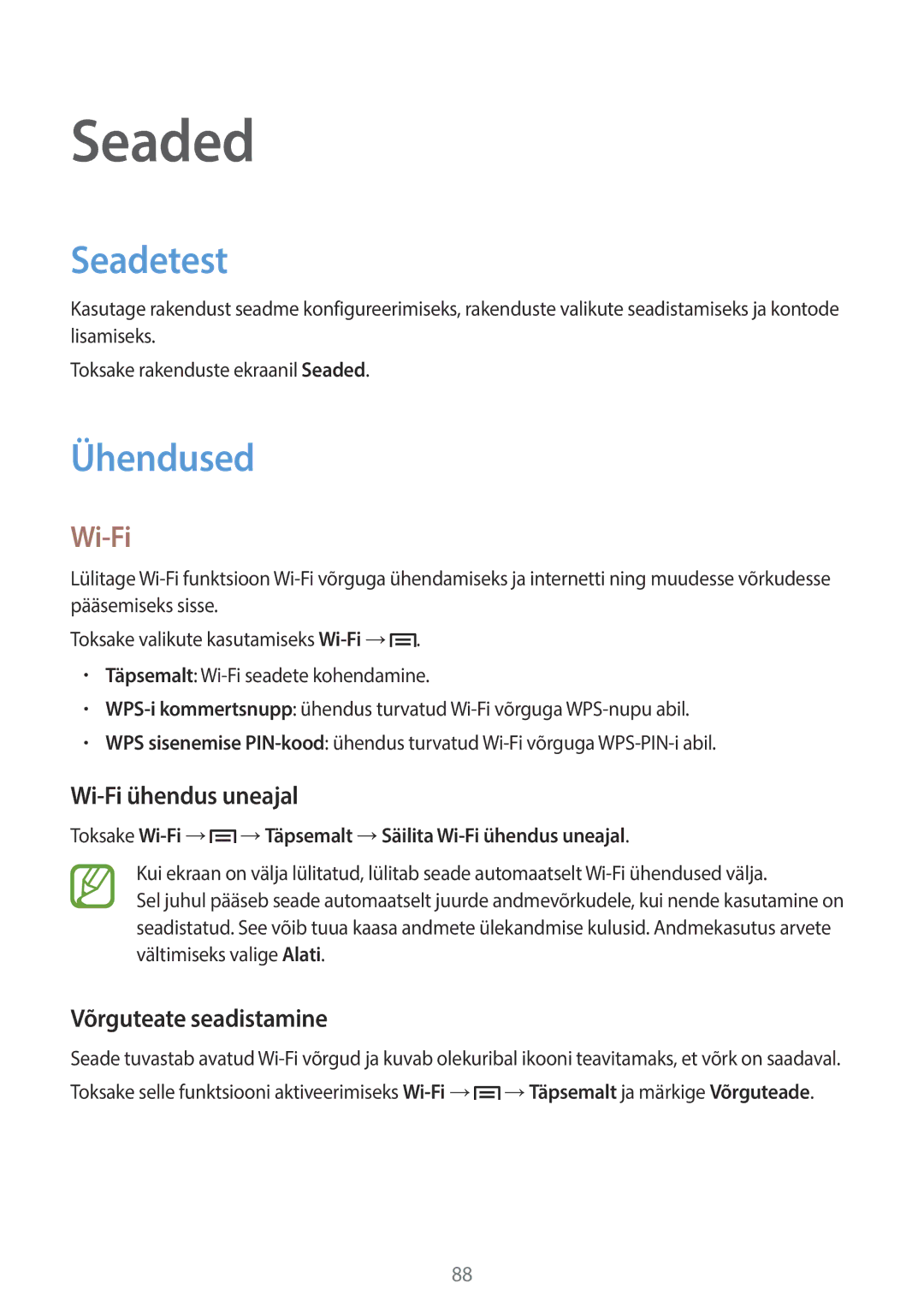 Samsung GT-S7580ZKASEB, GT-S7580UWASEB manual Seaded, Seadetest, Ühendused, Wi-Fi 