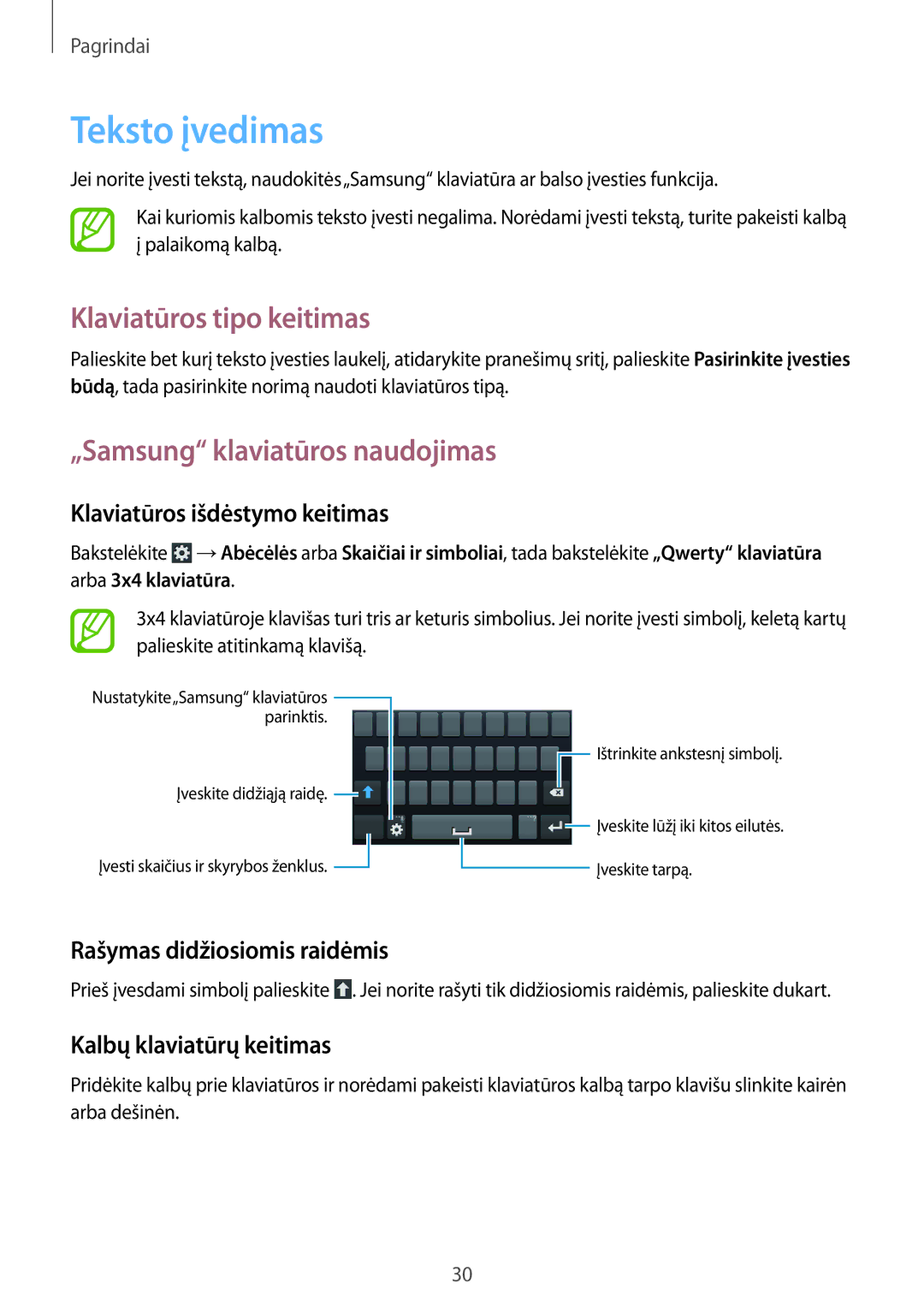 Samsung GT-S7580ZKASEB, GT-S7580UWASEB manual Teksto įvedimas, Klaviatūros tipo keitimas, „Samsung klaviatūros naudojimas 