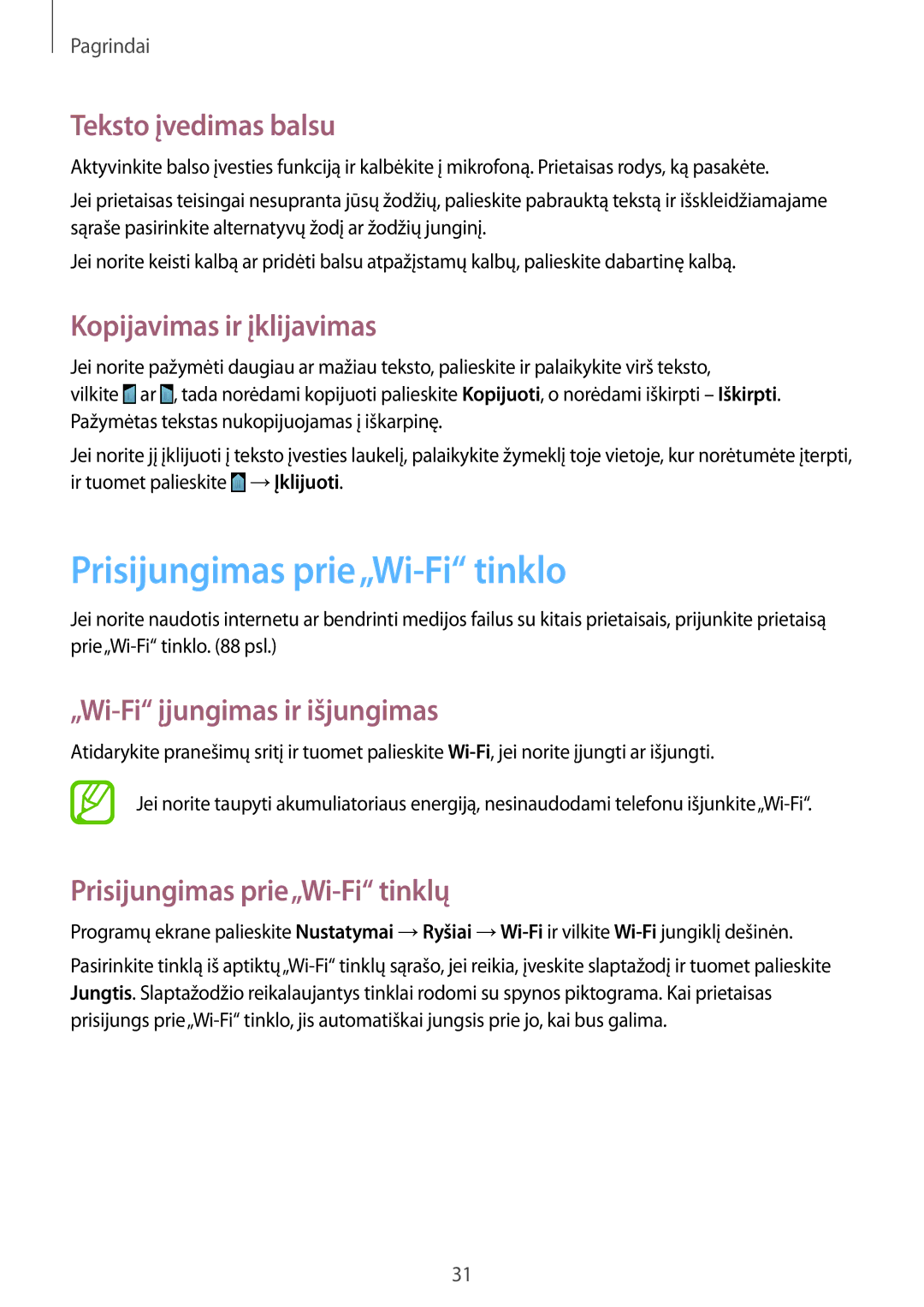 Samsung GT-S7580UWASEB, GT-S7580ZKASEB Prisijungimas prie„Wi-Fi tinklo, Teksto įvedimas balsu, Kopijavimas ir įklijavimas 