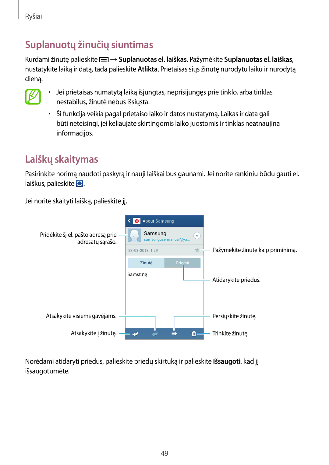 Samsung GT-S7580UWASEB, GT-S7580ZKASEB manual Laiškų skaitymas 