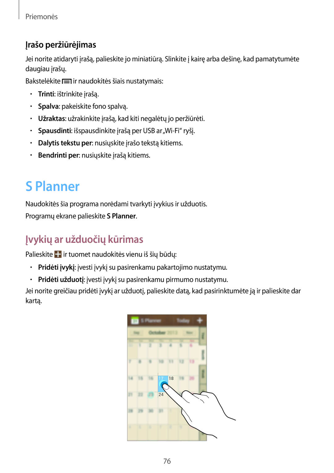 Samsung GT-S7580ZKASEB, GT-S7580UWASEB manual Planner, Įvykių ar užduočių kūrimas, Įrašo peržiūrėjimas 