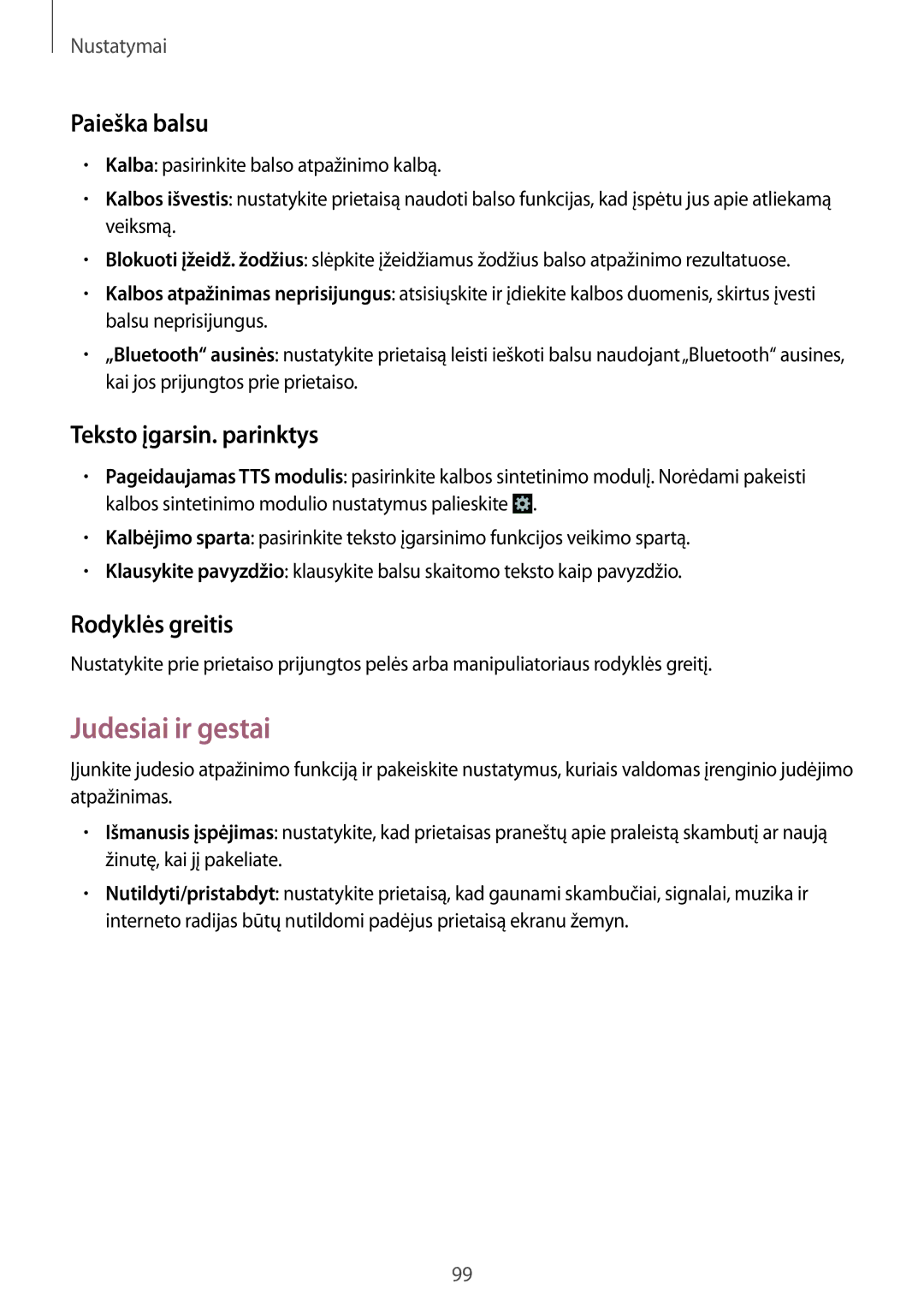 Samsung GT-S7580UWASEB, GT-S7580ZKASEB manual Judesiai ir gestai, Paieška balsu, Teksto įgarsin. parinktys, Rodyklės greitis 