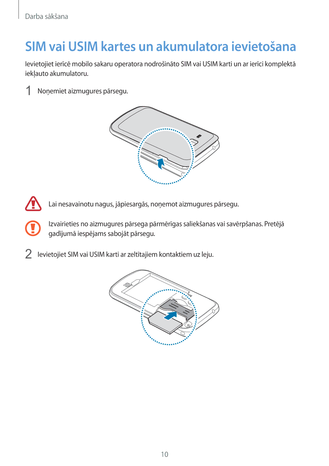 Samsung GT-S7580ZKASEB, GT-S7580UWASEB manual SIM vai Usim kartes un akumulatora ievietošana 