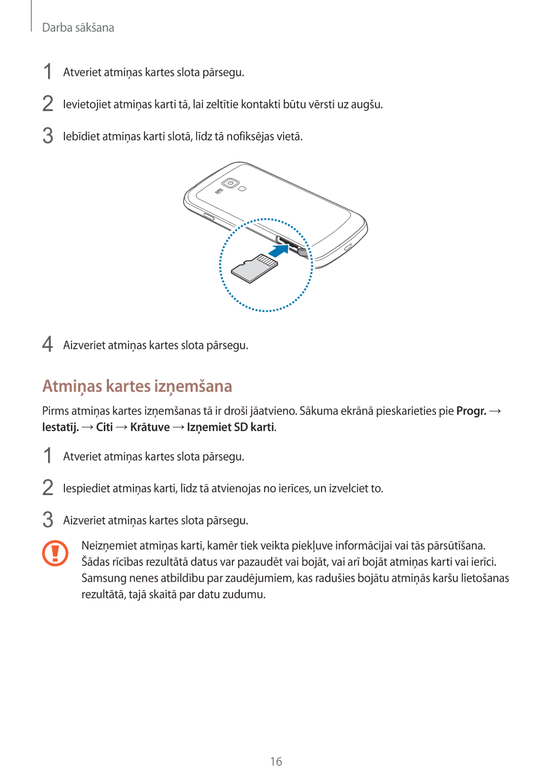 Samsung GT-S7580ZKASEB, GT-S7580UWASEB manual Atmiņas kartes izņemšana 