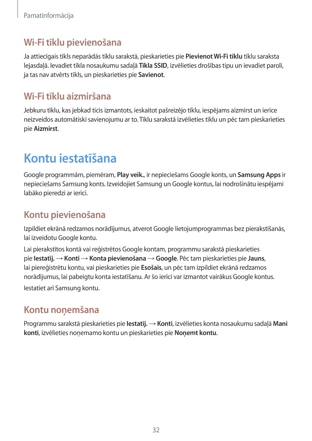 Samsung GT-S7580ZKASEB manual Kontu iestatīšana, Wi-Fi tīklu pievienošana, Wi-Fi tīklu aizmiršana, Kontu pievienošana 