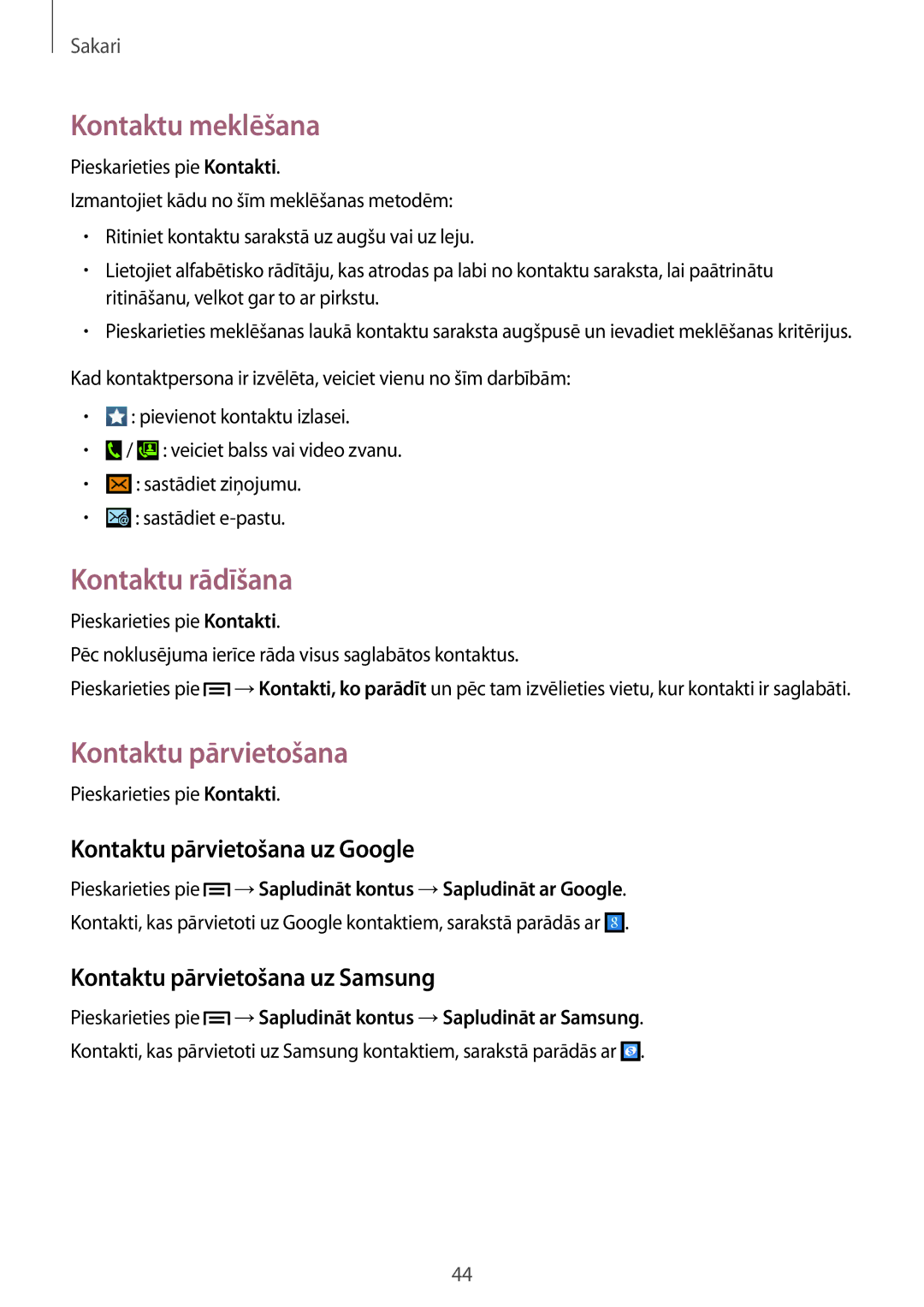 Samsung GT-S7580ZKASEB, GT-S7580UWASEB manual Kontaktu meklēšana, Kontaktu rādīšana, Kontaktu pārvietošana uz Google 