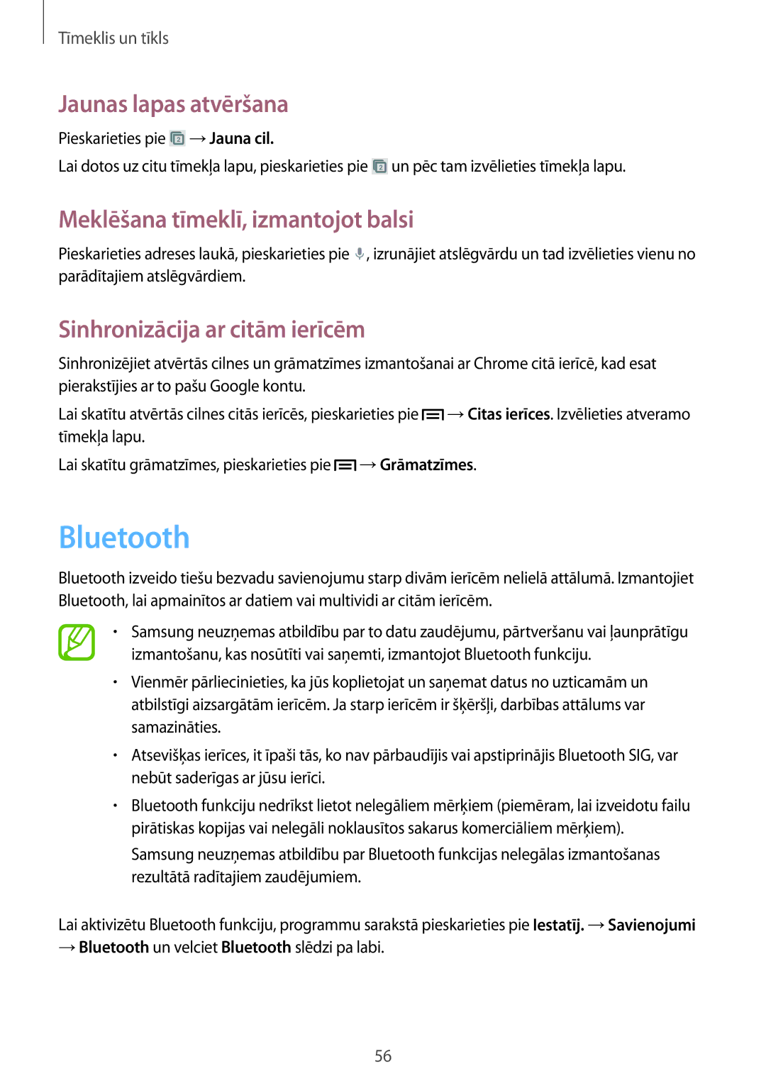 Samsung GT-S7580ZKASEB manual Sinhronizācija ar citām ierīcēm, → Bluetooth un velciet Bluetooth slēdzi pa labi 