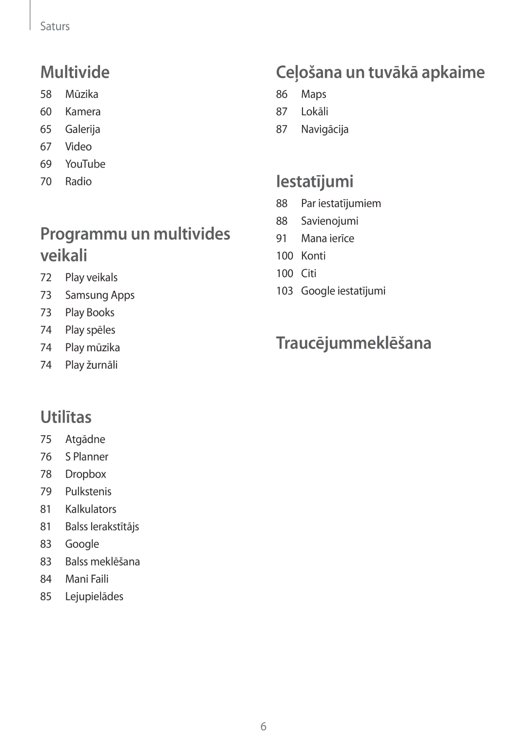 Samsung GT-S7580ZKASEB, GT-S7580UWASEB manual 58 Mūzika Kamera Galerija Video YouTube Radio, Maps 87 Lokāli Navigācija 