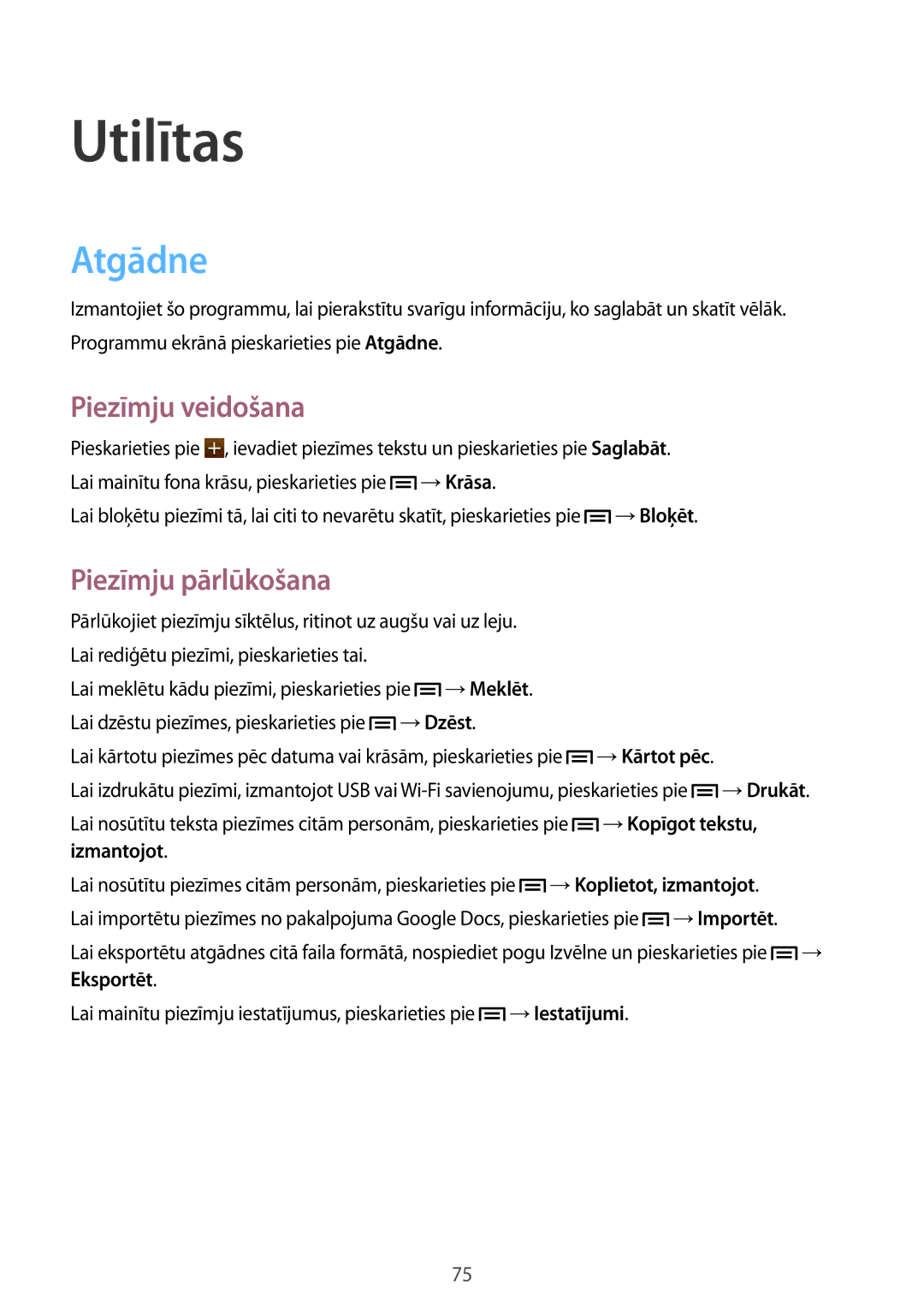 Samsung GT-S7580UWASEB, GT-S7580ZKASEB manual Utilītas, Atgādne, Piezīmju veidošana, Piezīmju pārlūkošana 