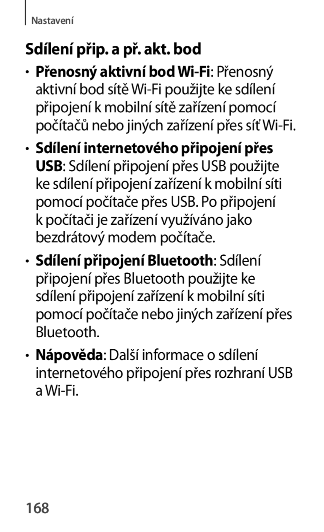 Samsung GT-S7580ZKAO2C, GT-S7580ZKATPL manual Sdílení přip. a př. akt. bod, Sdílení internetového připojení přes, 168 