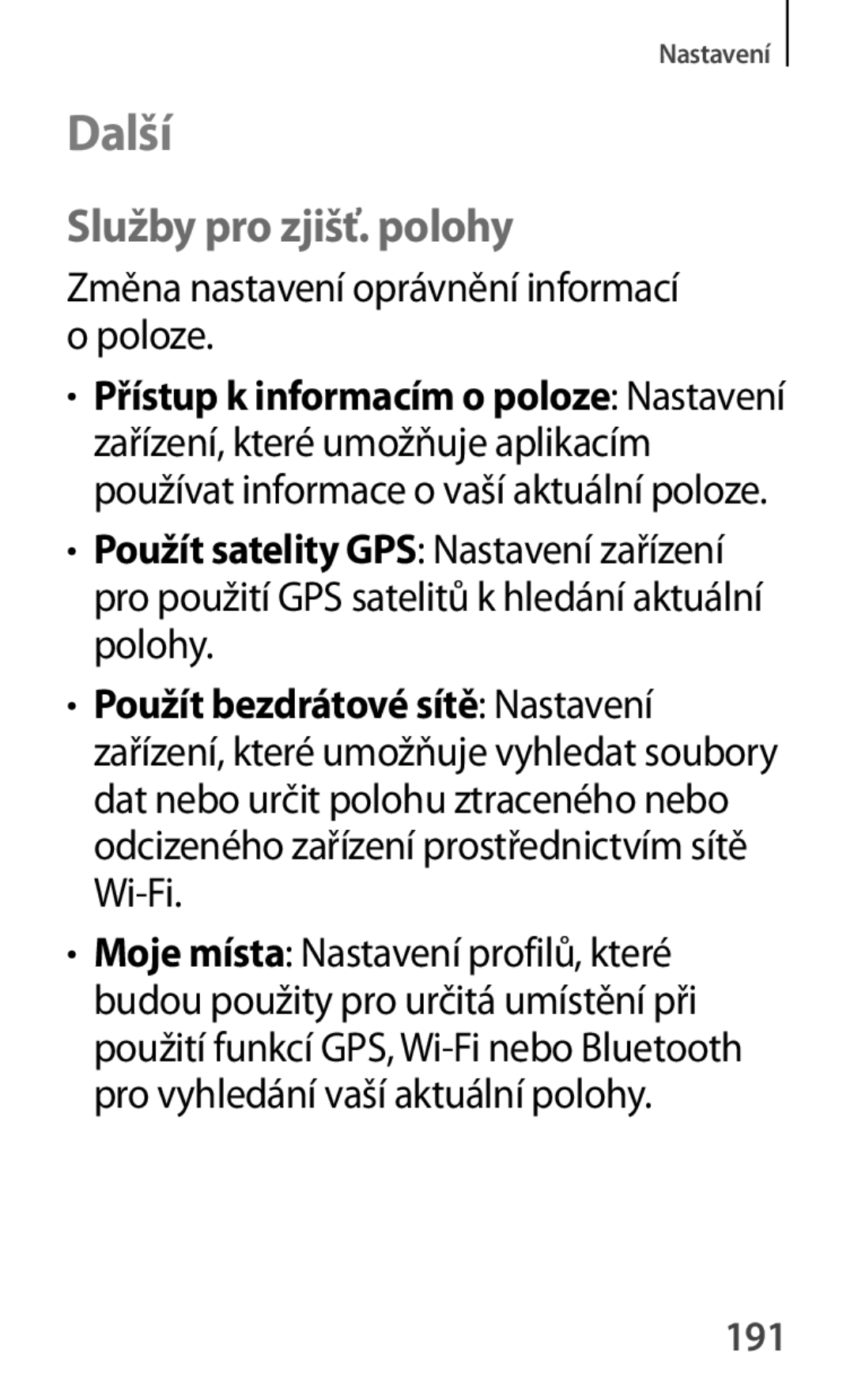 Samsung GT2S7580ZKAETL, GT-S7580ZKATPL Další, Služby pro zjišť. polohy, Změna nastavení oprávnění informací o poloze, 191 