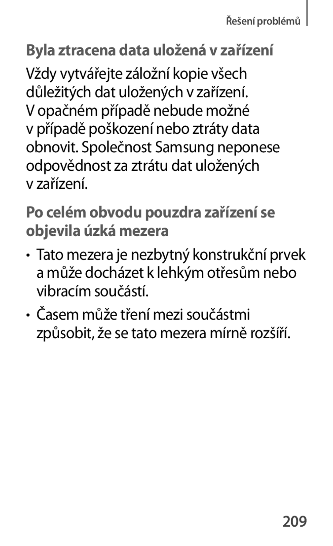 Samsung GT-S7580UWAPLS, GT-S7580ZKATPL, GT-S7580UWAEUR, GT-S7580ZKAPLS manual Byla ztracena data uložená v zařízení, 209 