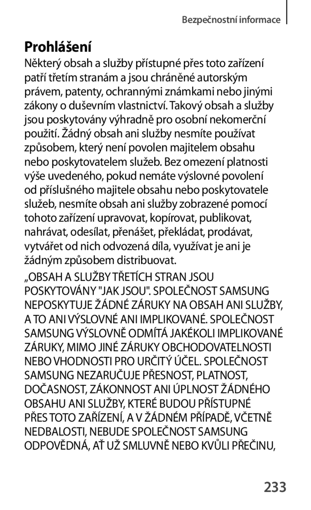 Samsung GT-S7580UWAORX, GT-S7580ZKATPL, GT-S7580UWAEUR, GT-S7580ZKAPLS, GT-S7580ZKAEUR, GT-S7580UWAXEO manual Prohlášení, 233 