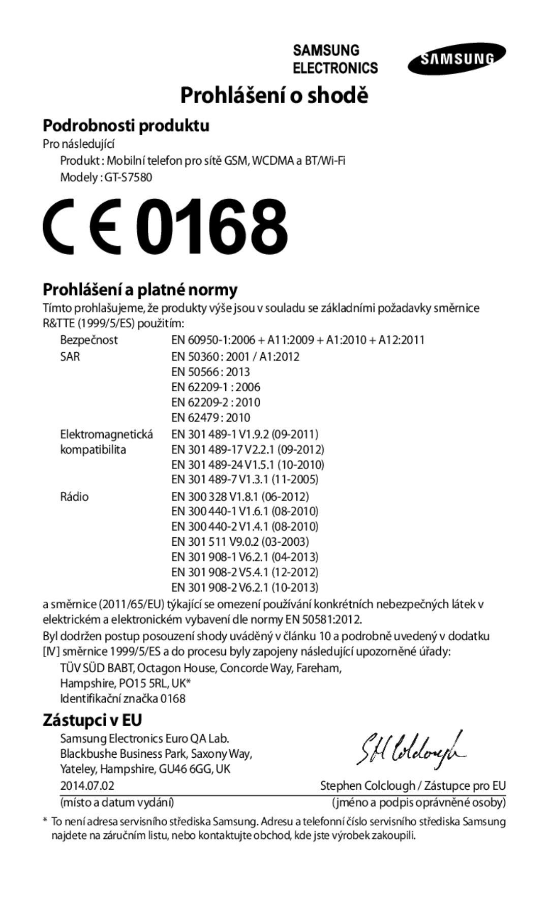 Samsung GT-S7580UWAORS, GT-S7580ZKATPL, GT-S7580UWAEUR, GT-S7580ZKAPLS, GT-S7580ZKAEUR, GT-S7580UWAXEO manual Prohlášení o shodě 