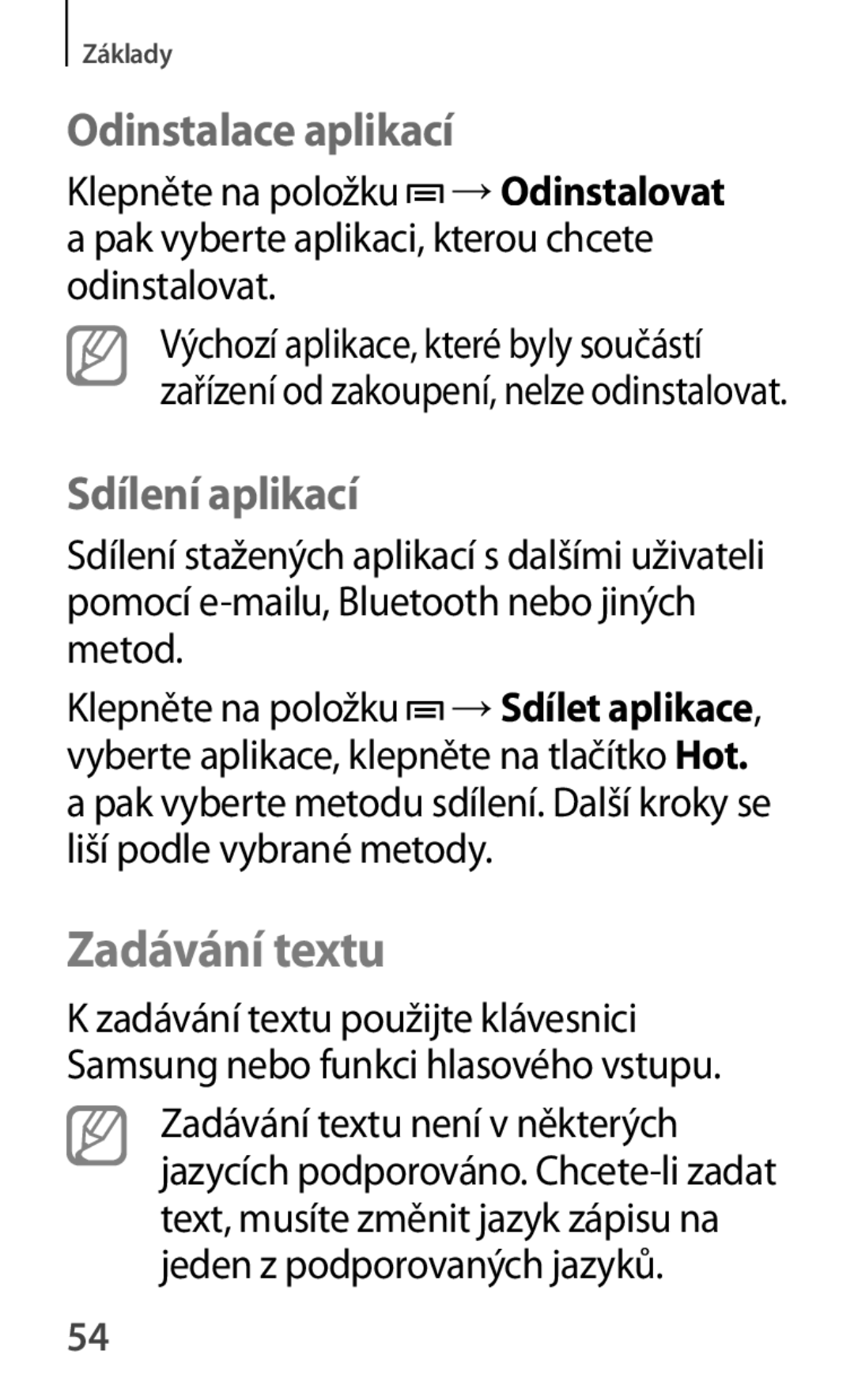 Samsung GT2S7580UWAO2C, GT-S7580ZKATPL, GT-S7580UWAEUR manual Zadávání textu, Odinstalace aplikací, Sdílení aplikací 