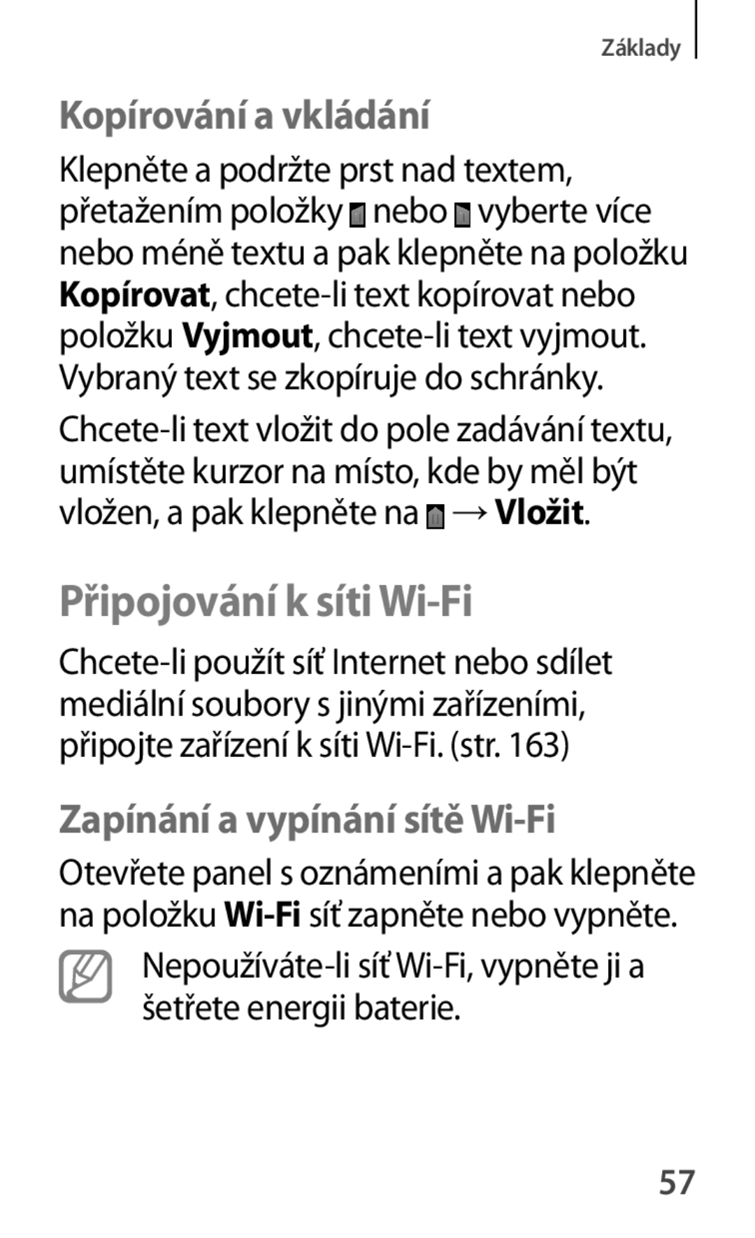 Samsung GT-S7580ZKAETL, GT-S7580ZKATPL Připojování k síti Wi-Fi, Kopírování a vkládání, Zapínání a vypínání sítě Wi-Fi 